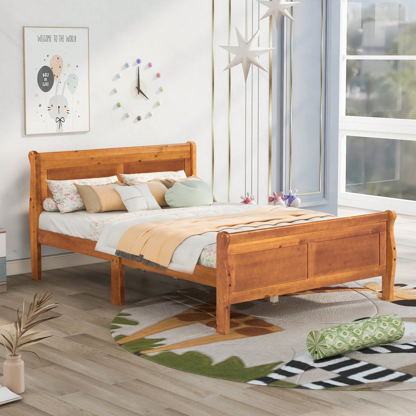 Elegant Full Size Wooden Platform Bed With Headboard And Sturdy Slat Support In Oak Finish