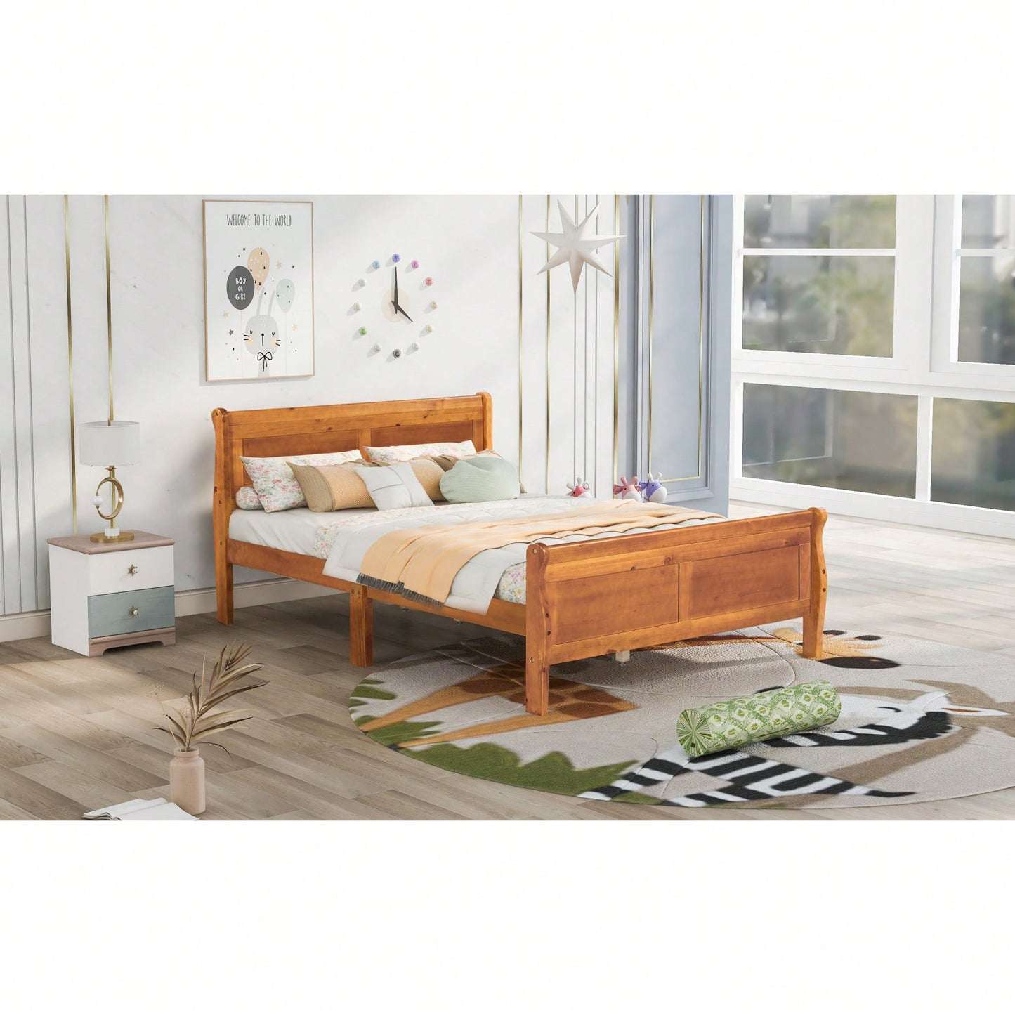 Elegant Full Size Wooden Platform Bed With Headboard And Sturdy Slat Support In Oak Finish