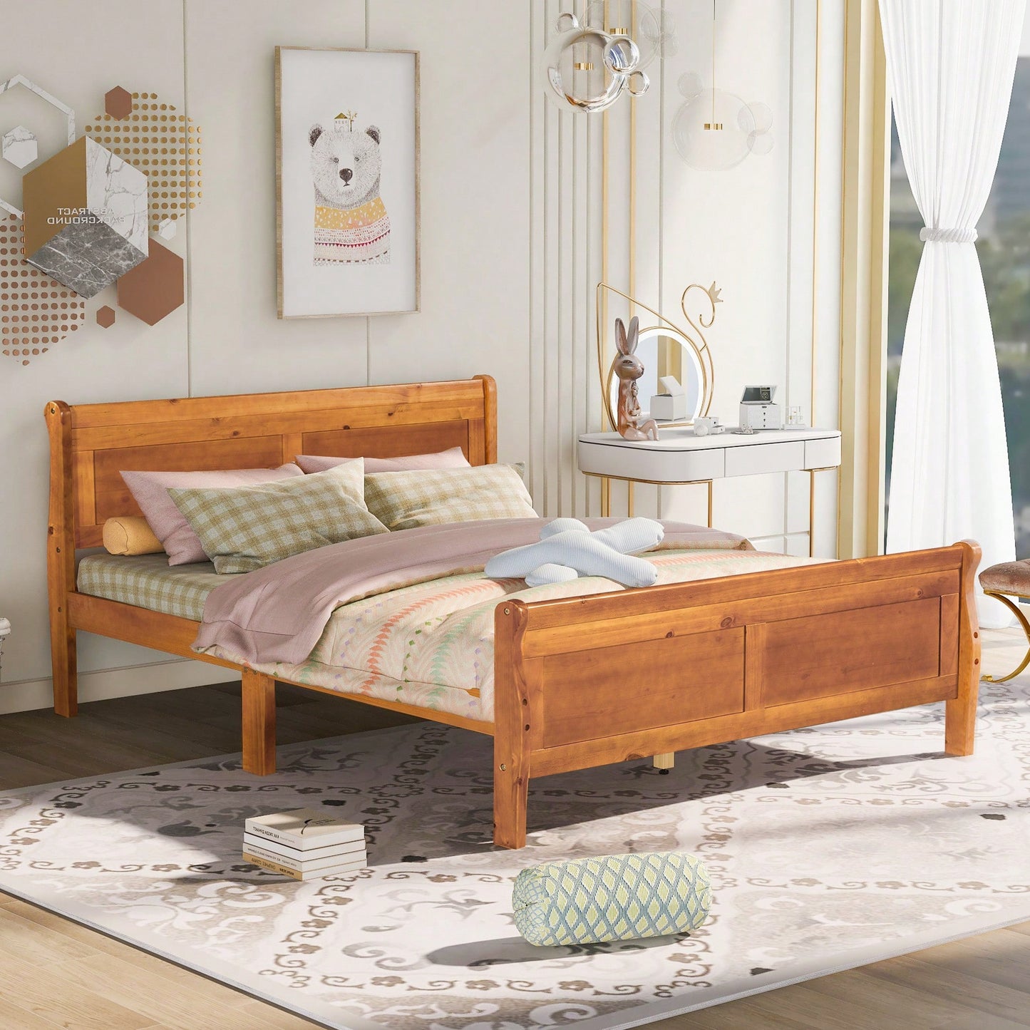 Elegant Oak Queen Size Wood Platform Bed With Headboard And Sturdy Slat Support