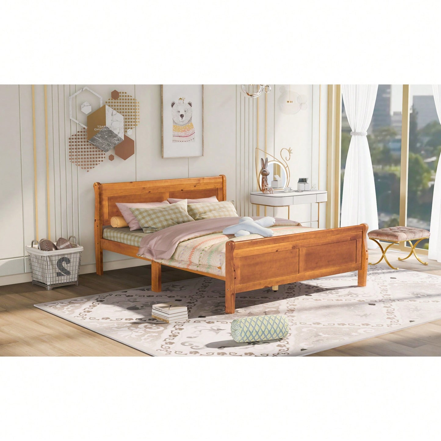 Elegant Oak Queen Size Wood Platform Bed With Headboard And Sturdy Slat Support