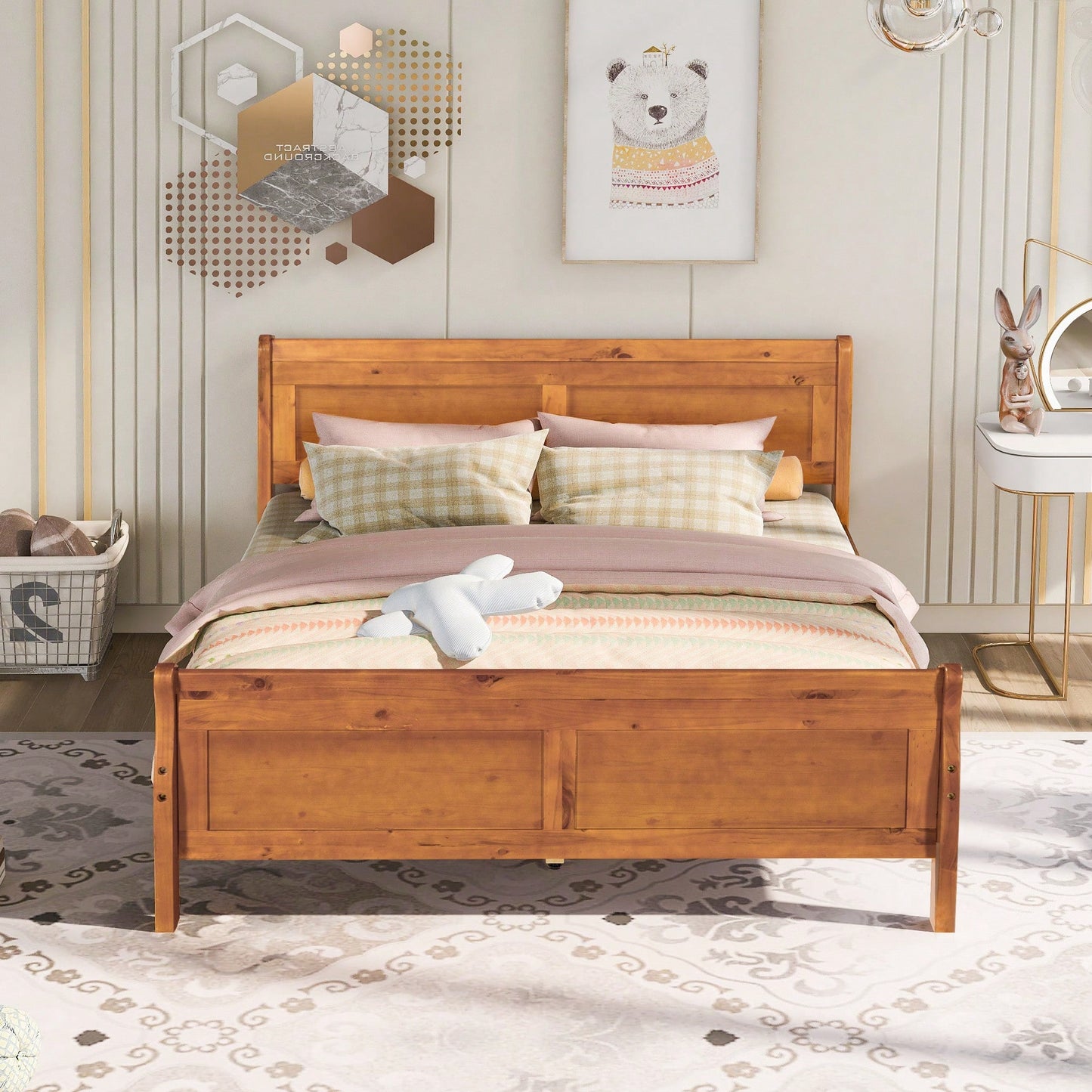 Elegant Oak Queen Size Wood Platform Bed With Headboard And Sturdy Slat Support
