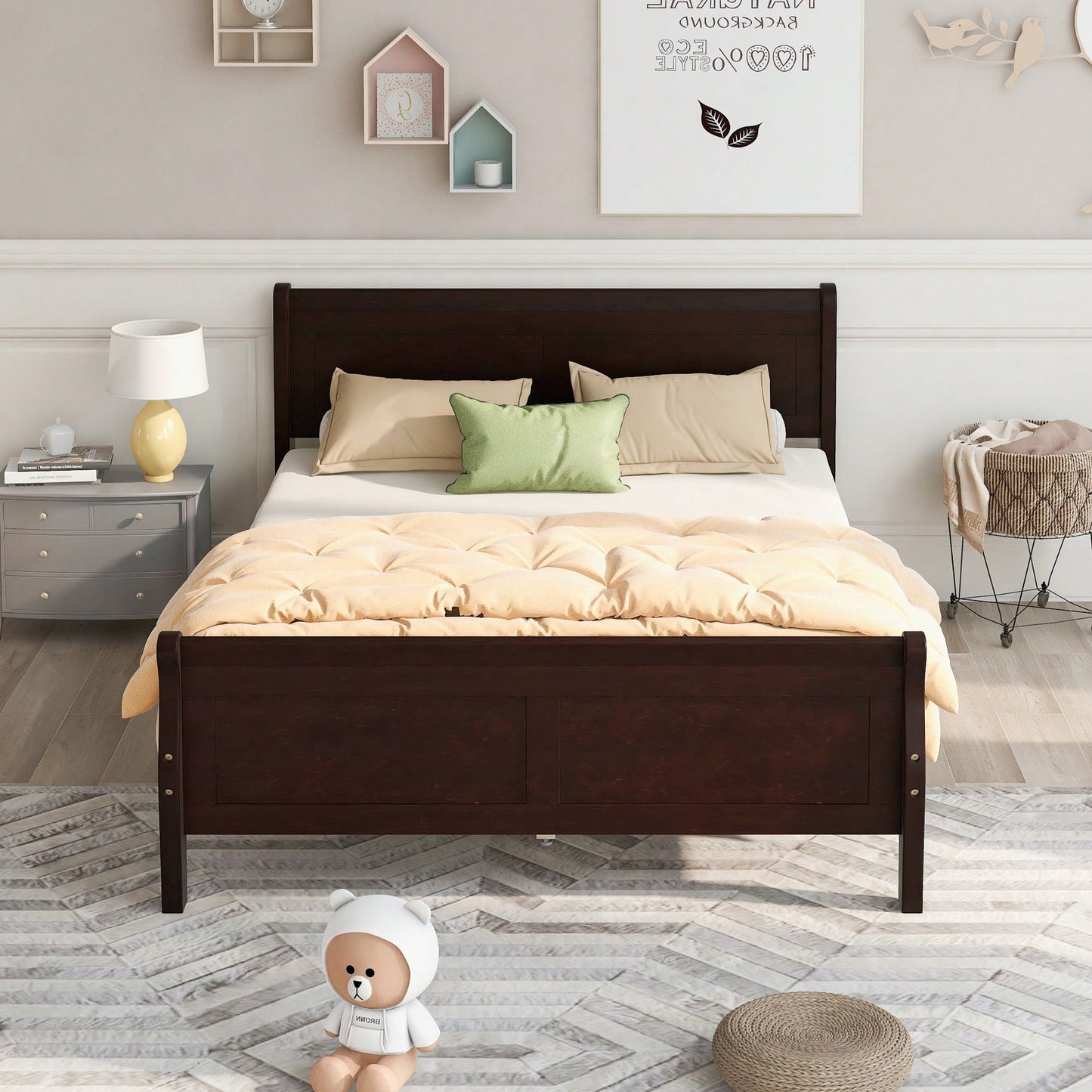 Elegant Oak Queen Size Wood Platform Bed With Headboard And Sturdy Slat Support