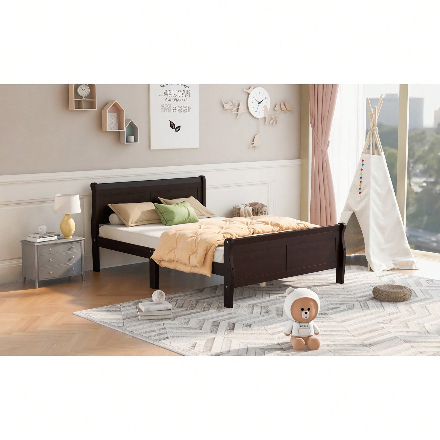 Elegant Oak Queen Size Wood Platform Bed With Headboard And Sturdy Slat Support