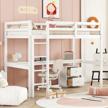 Space-Saving Twin Loft Bed With Desk, Storage Cabinet, Drawers, Guardrails, And Ladder In Grey