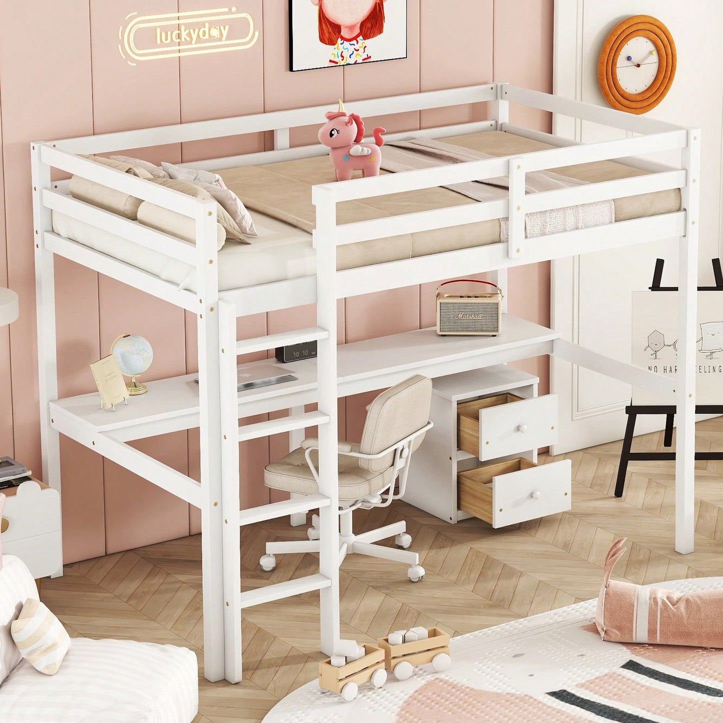 Space-Saving Twin Loft Bed With Desk, Storage Cabinet, Drawers, Guardrails, And Ladder In Grey