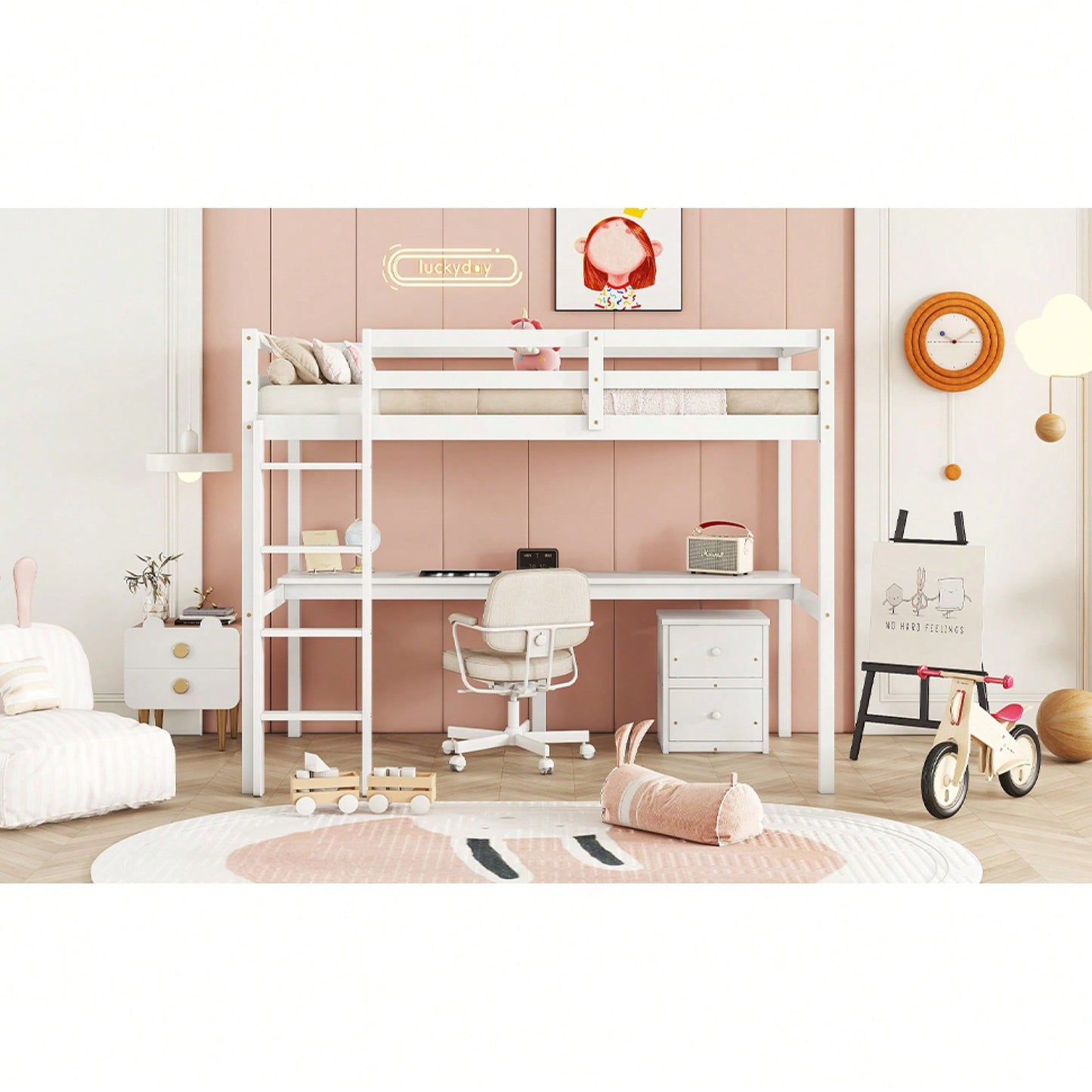 Space-Saving Twin Loft Bed With Desk, Storage Cabinet, Drawers, Guardrails, And Ladder In Grey