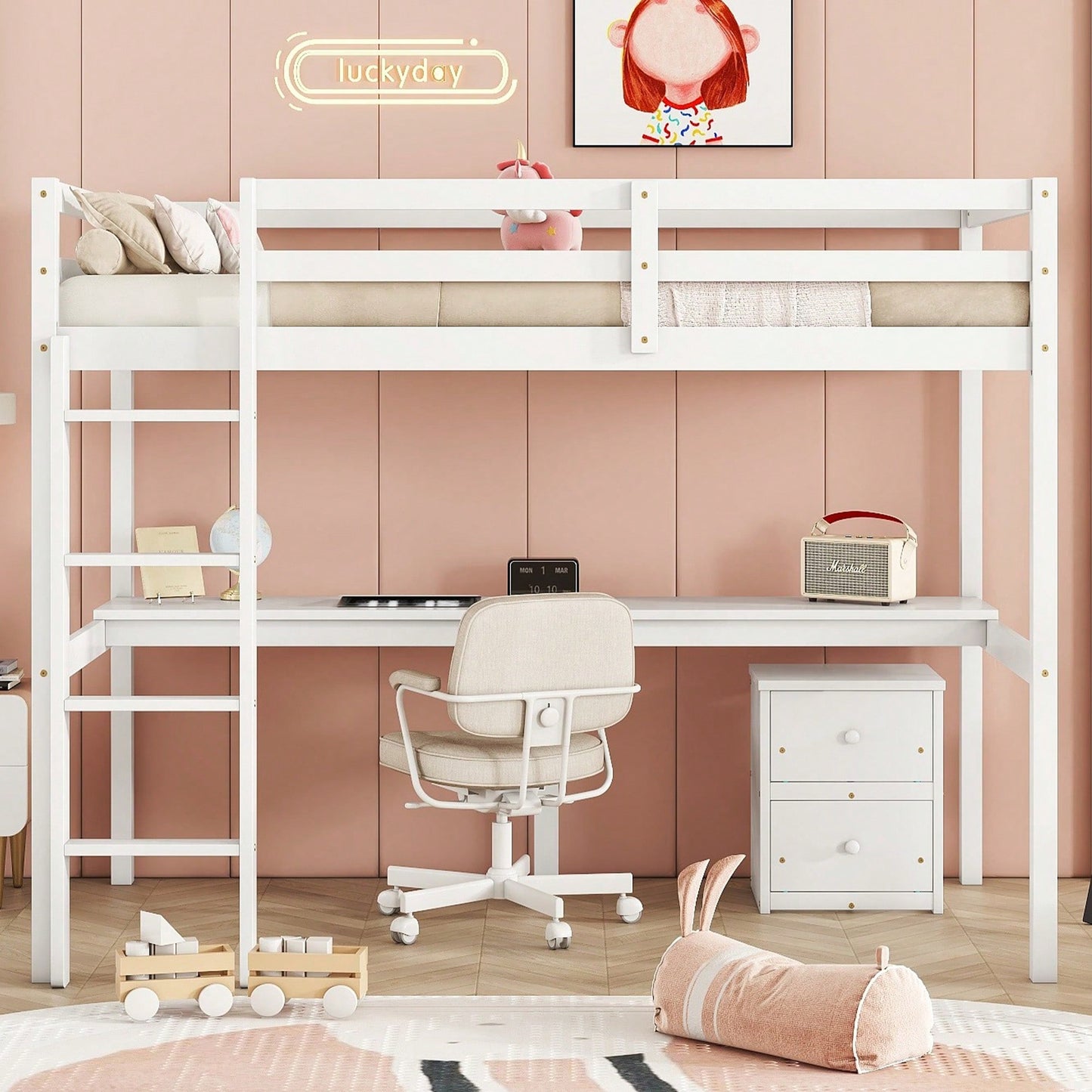 Space-Saving Twin Loft Bed With Desk, Storage Cabinet, Drawers, Guardrails, And Ladder In Grey