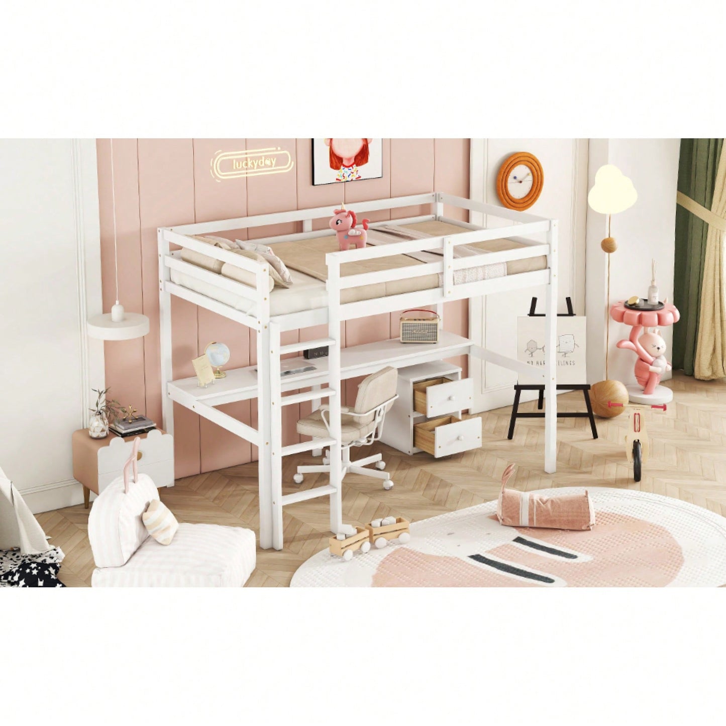 Space-Saving Twin Loft Bed With Desk, Storage Cabinet, Drawers, Guardrails, And Ladder In Grey