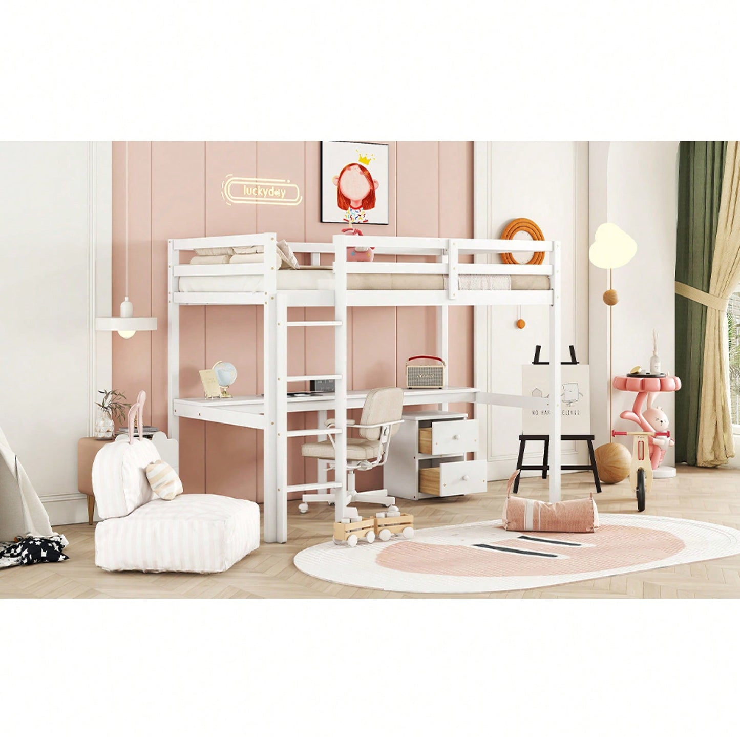 Space-Saving Twin Loft Bed With Desk, Storage Cabinet, Drawers, Guardrails, And Ladder In Grey