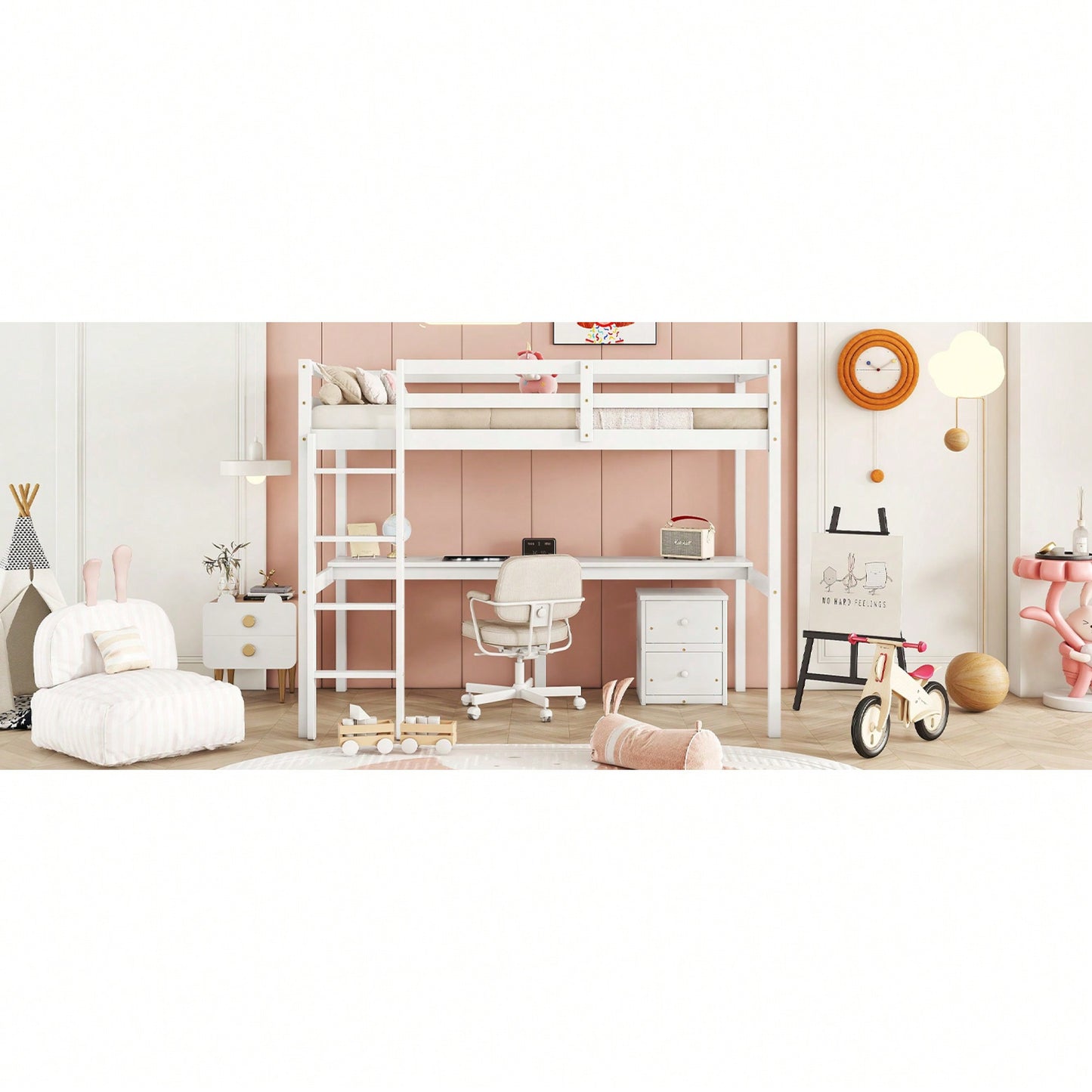 Space-Saving Twin Loft Bed With Desk, Storage Cabinet, Drawers, Guardrails, And Ladder In Grey