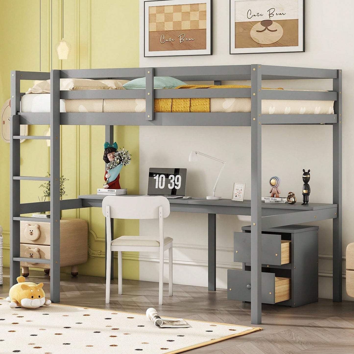 Space-Saving Twin Loft Bed With Desk, Storage Cabinet, Drawers, Guardrails, And Ladder In Grey