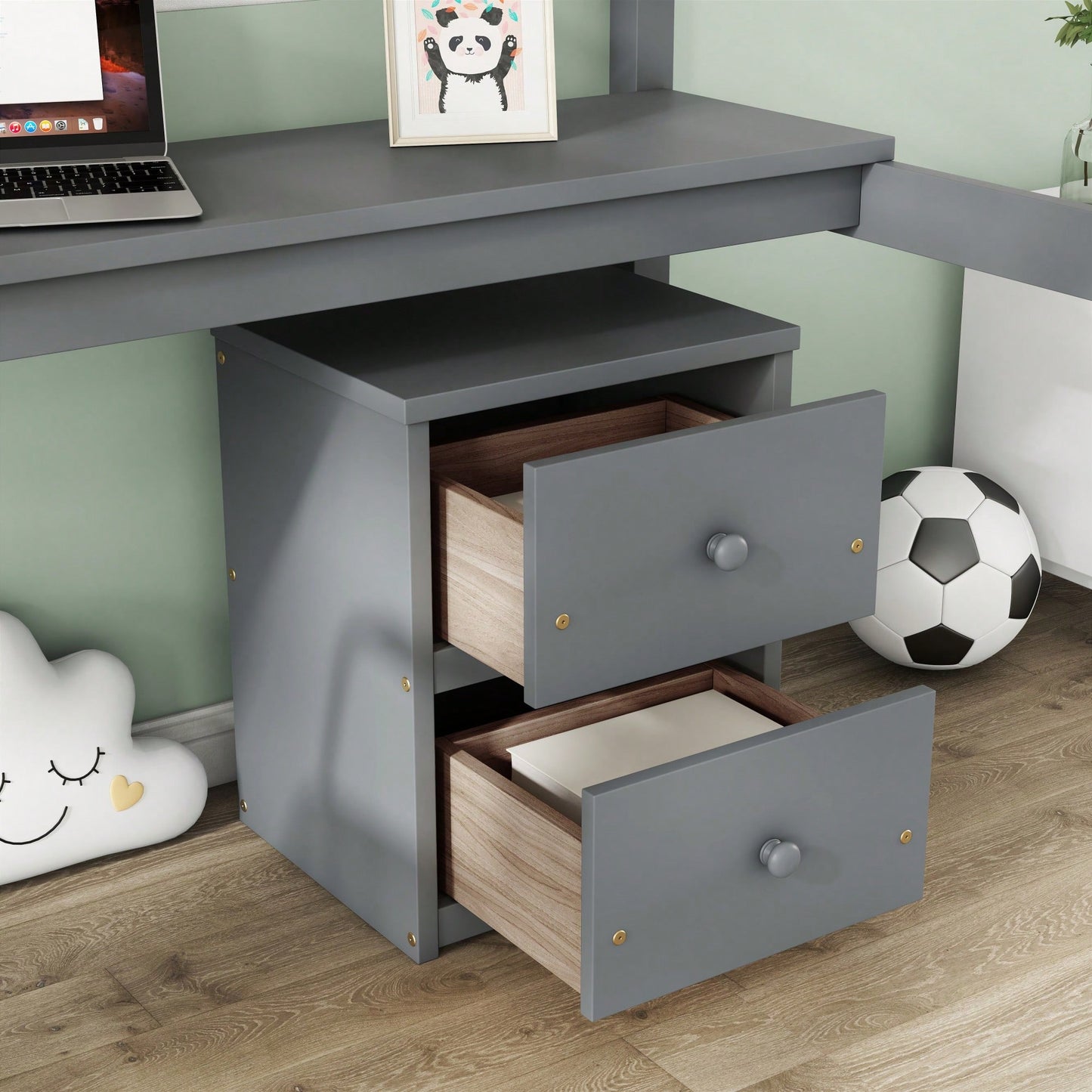 Space-Saving Twin Loft Bed With Desk, Storage Cabinet, Drawers, Guardrails, And Ladder In Grey