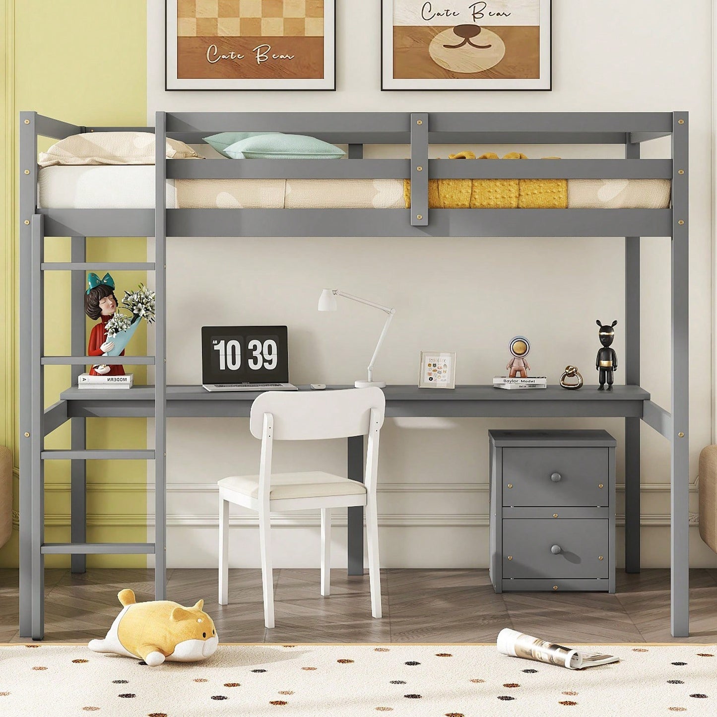 Space-Saving Twin Loft Bed With Desk, Storage Cabinet, Drawers, Guardrails, And Ladder In Grey