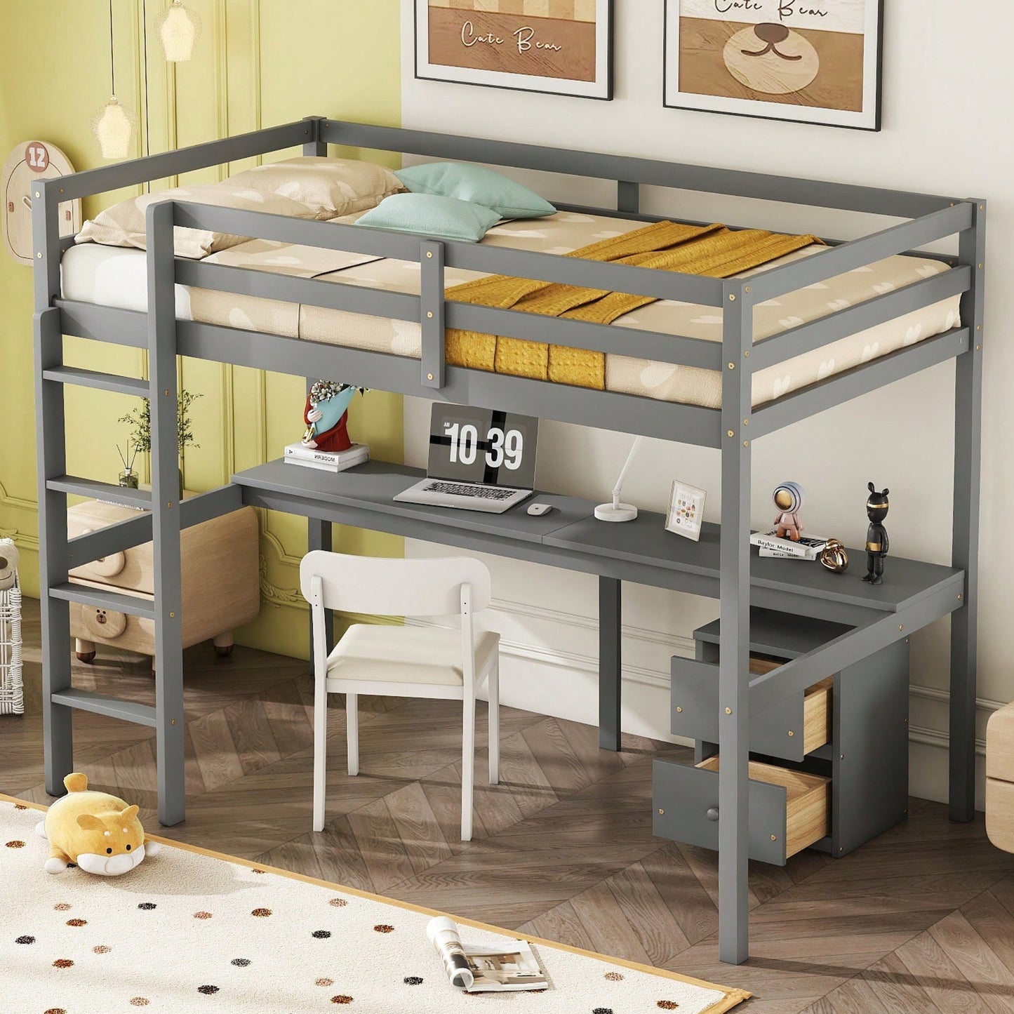 Space-Saving Twin Loft Bed With Desk, Storage Cabinet, Drawers, Guardrails, And Ladder In Grey