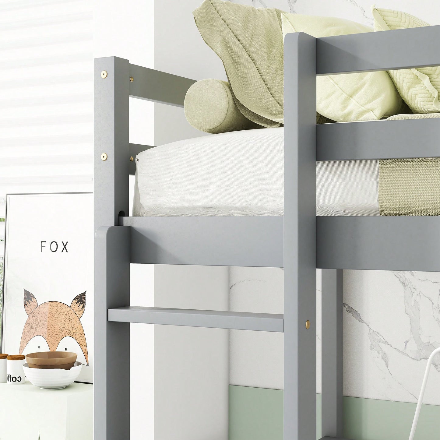 Space-Saving Twin Loft Bed With Desk, Storage Cabinet, Drawers, Guardrails, And Ladder In Grey
