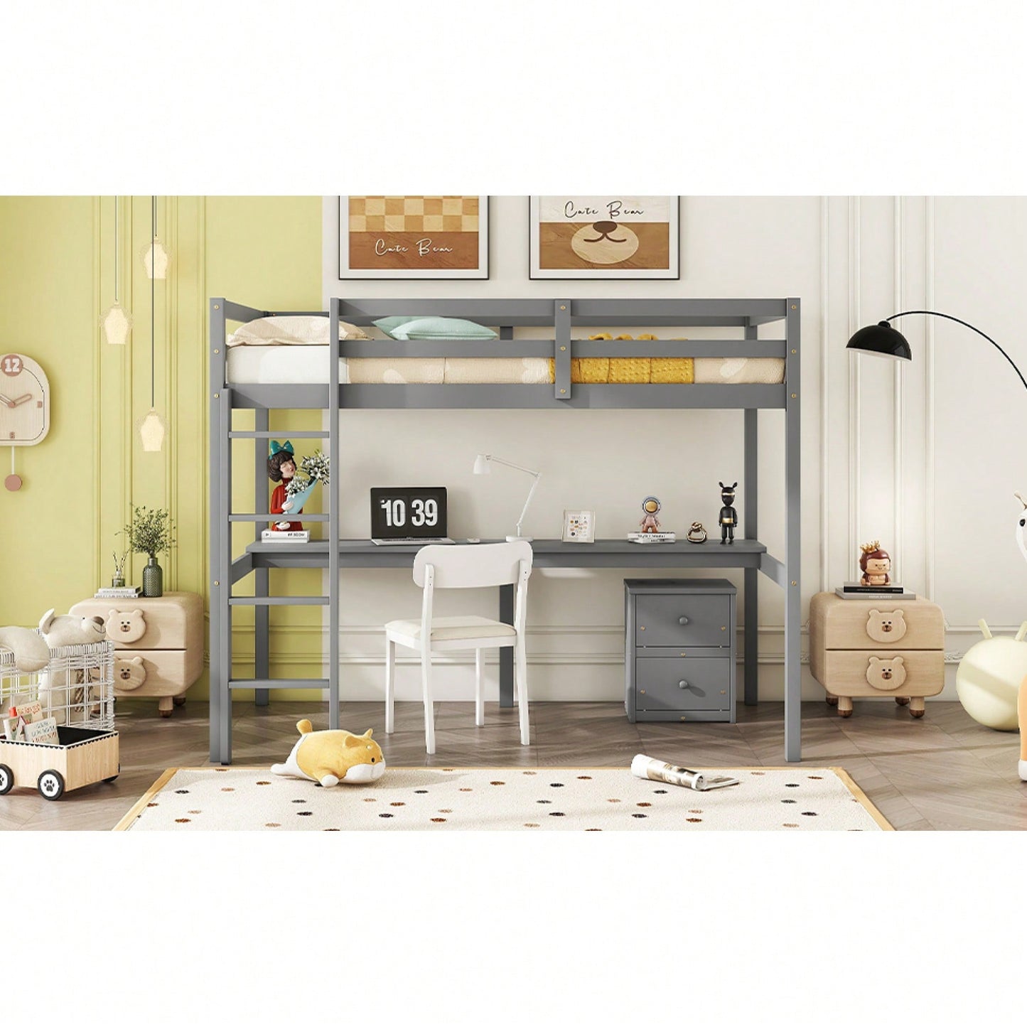 Space-Saving Twin Loft Bed With Desk, Storage Cabinet, Drawers, Guardrails, And Ladder In Grey