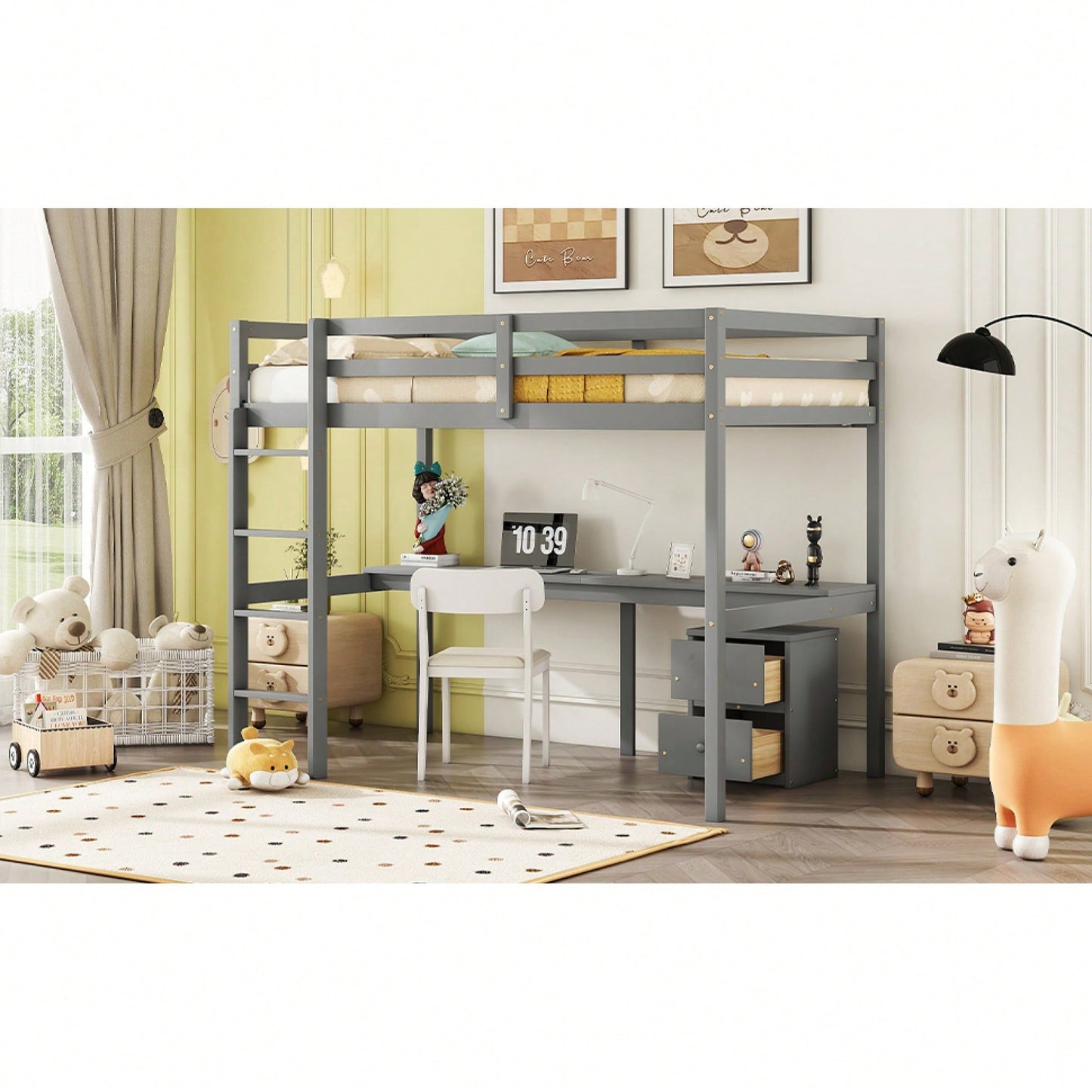 Space-Saving Twin Loft Bed With Desk, Storage Cabinet, Drawers, Guardrails, And Ladder In Grey
