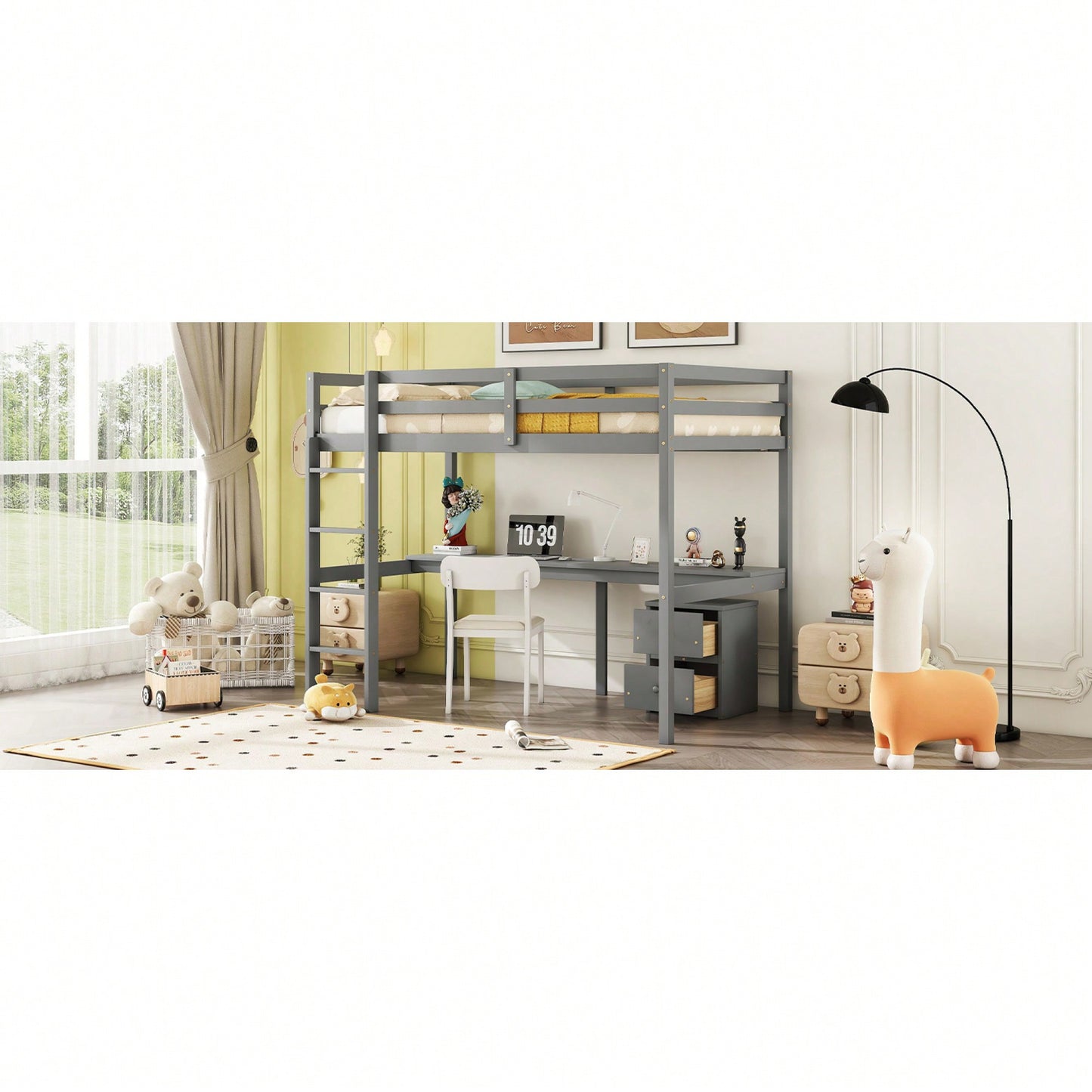 Space-Saving Twin Loft Bed With Desk, Storage Cabinet, Drawers, Guardrails, And Ladder In Grey