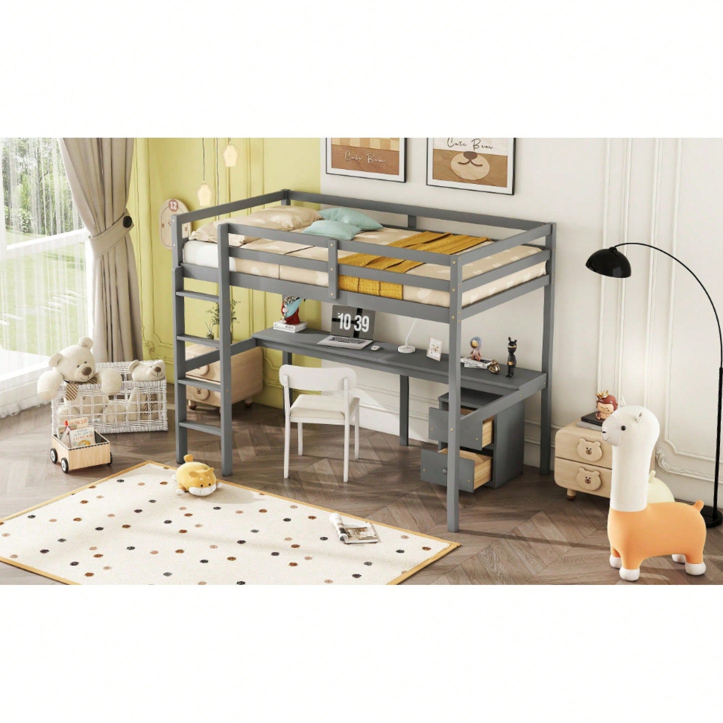 Space-Saving Twin Loft Bed With Desk, Storage Cabinet, Drawers, Guardrails, And Ladder In Grey