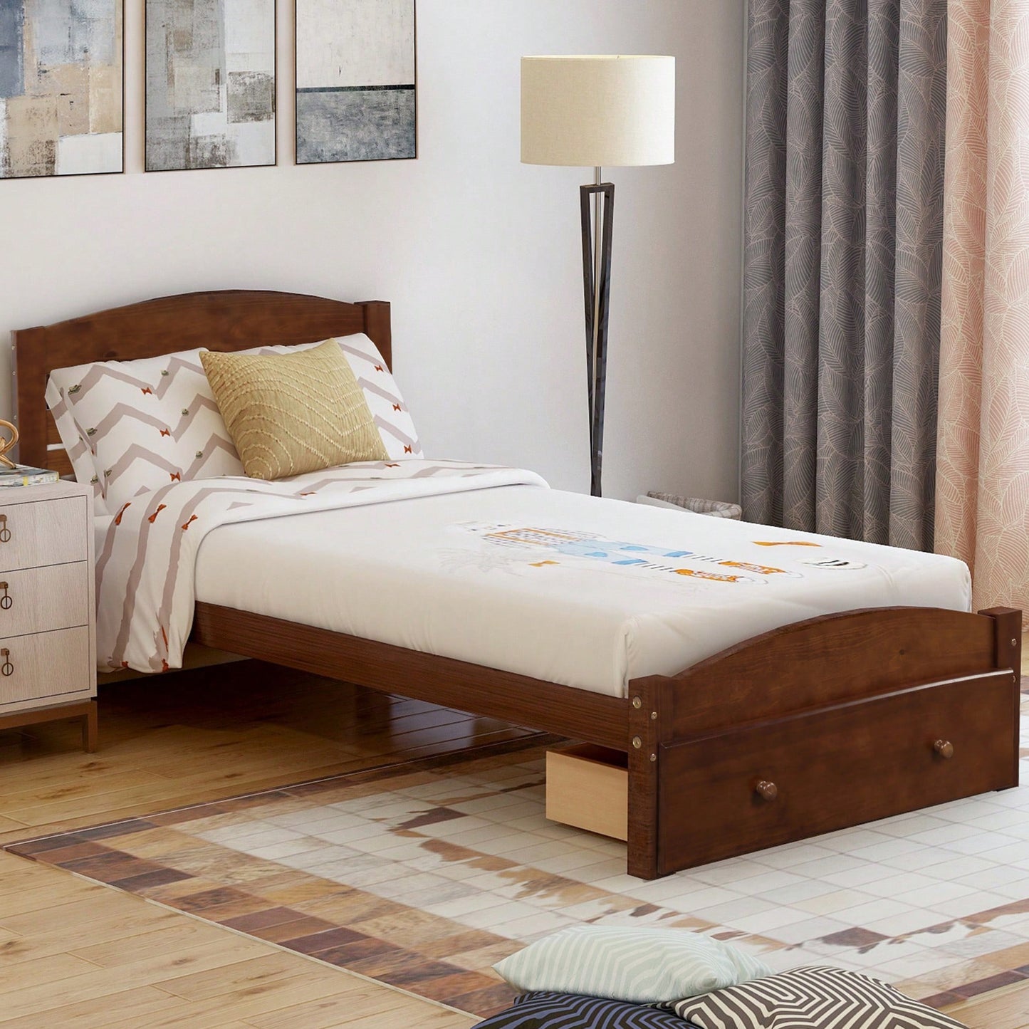 Twin Bed Frame With Storage Drawer And Wooden Slat Support No Box Spring Required White