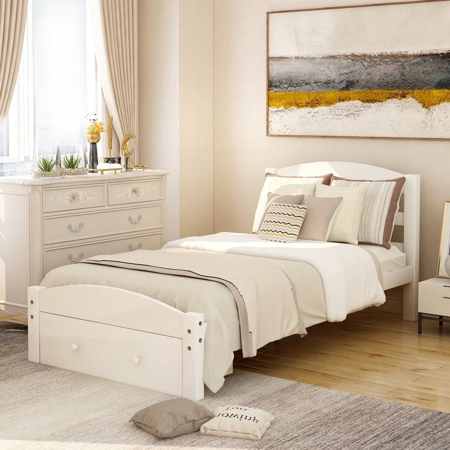 Twin Bed Frame With Storage Drawer And Wooden Slat Support No Box Spring Required White