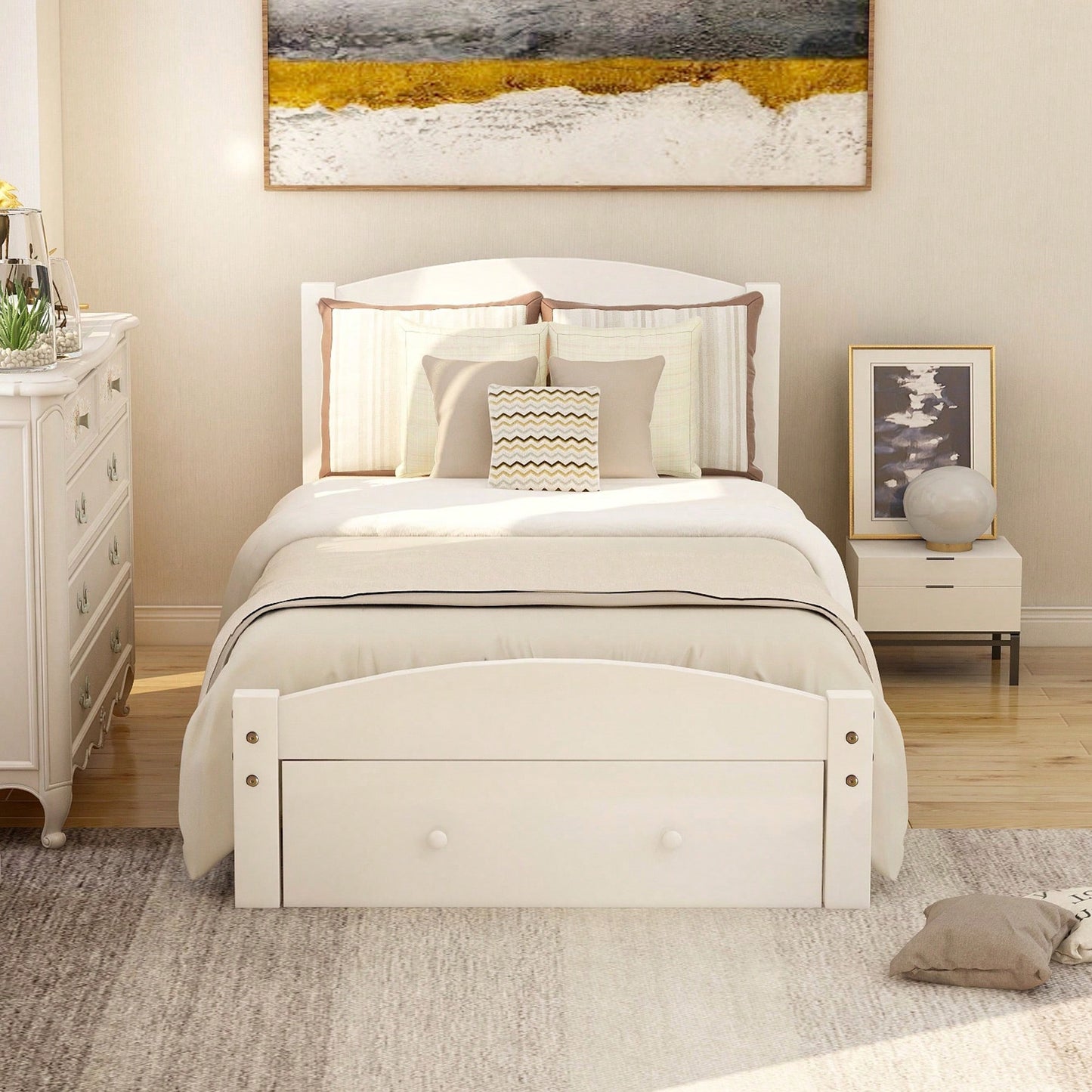 Twin Bed Frame With Storage Drawer And Wooden Slat Support No Box Spring Required White