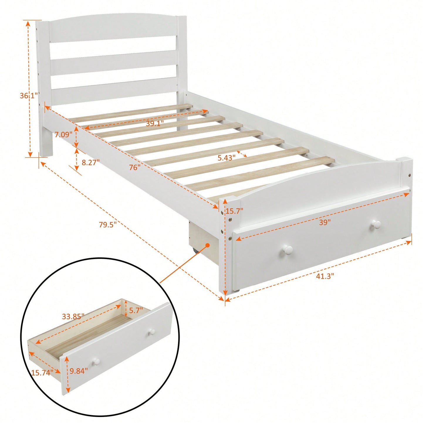 Twin Bed Frame With Storage Drawer And Wooden Slat Support No Box Spring Required White