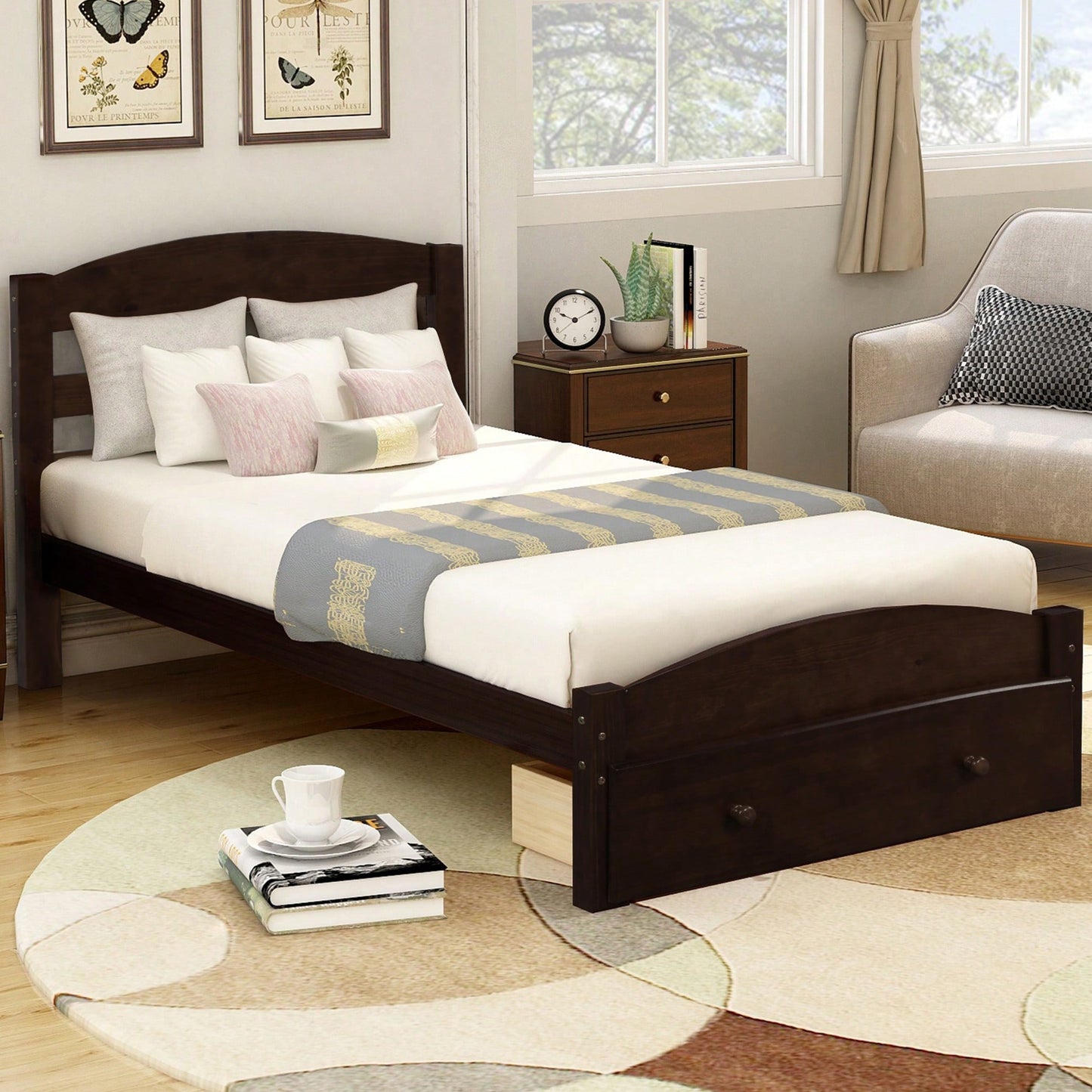 Twin Bed Frame With Storage Drawer And Wooden Slat Support No Box Spring Required White