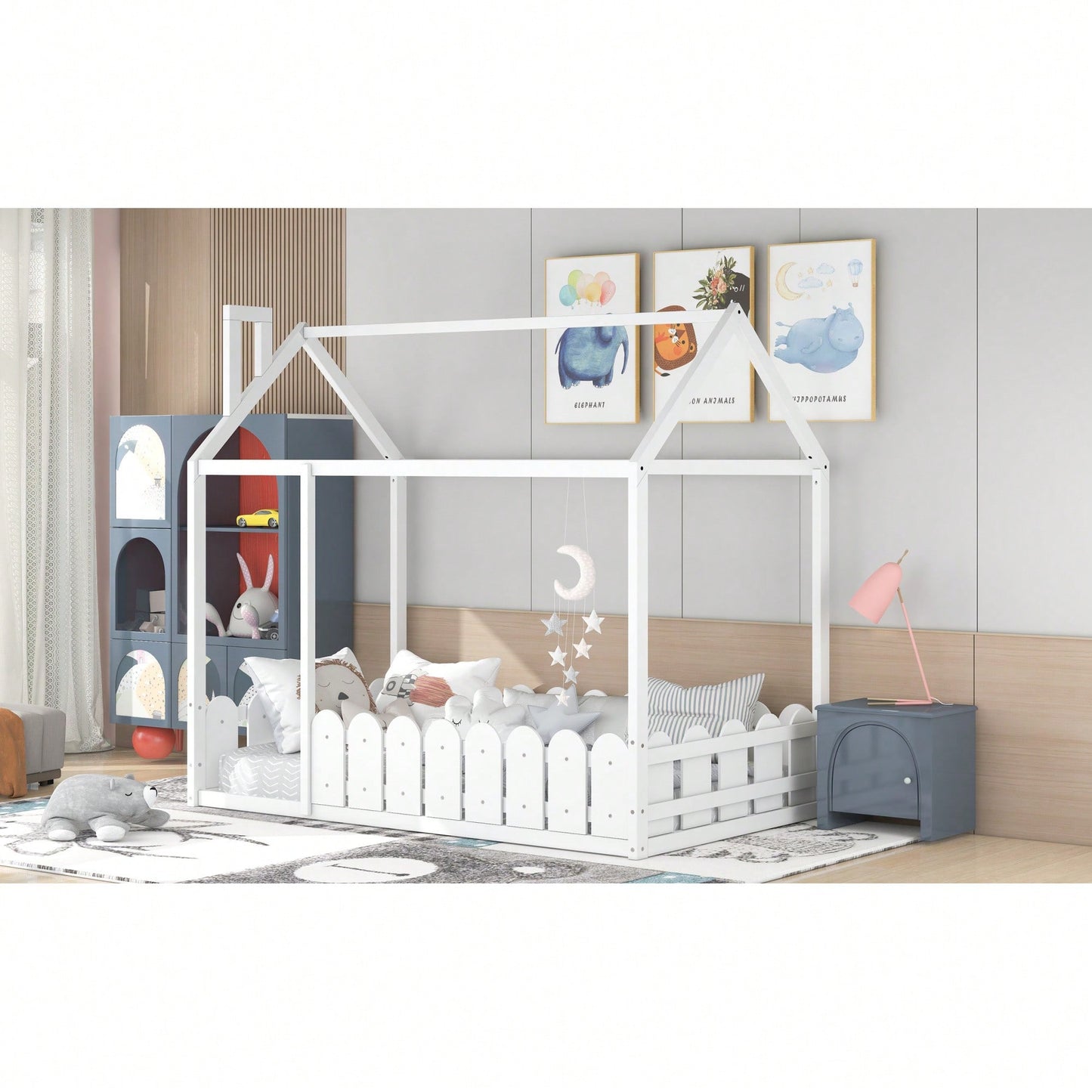 Twin Size Wooden House Bed Frame With Fence For Kids And Teens In Espresso Finish