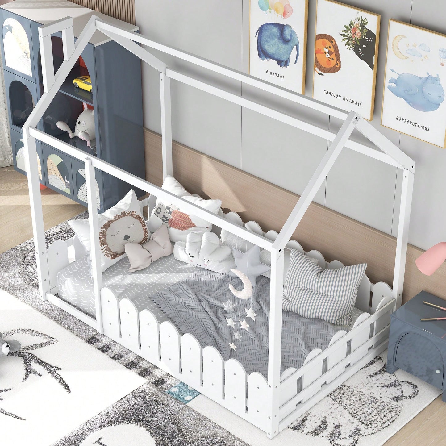 Twin Size Wooden House Bed Frame With Fence For Kids And Teens In Espresso Finish