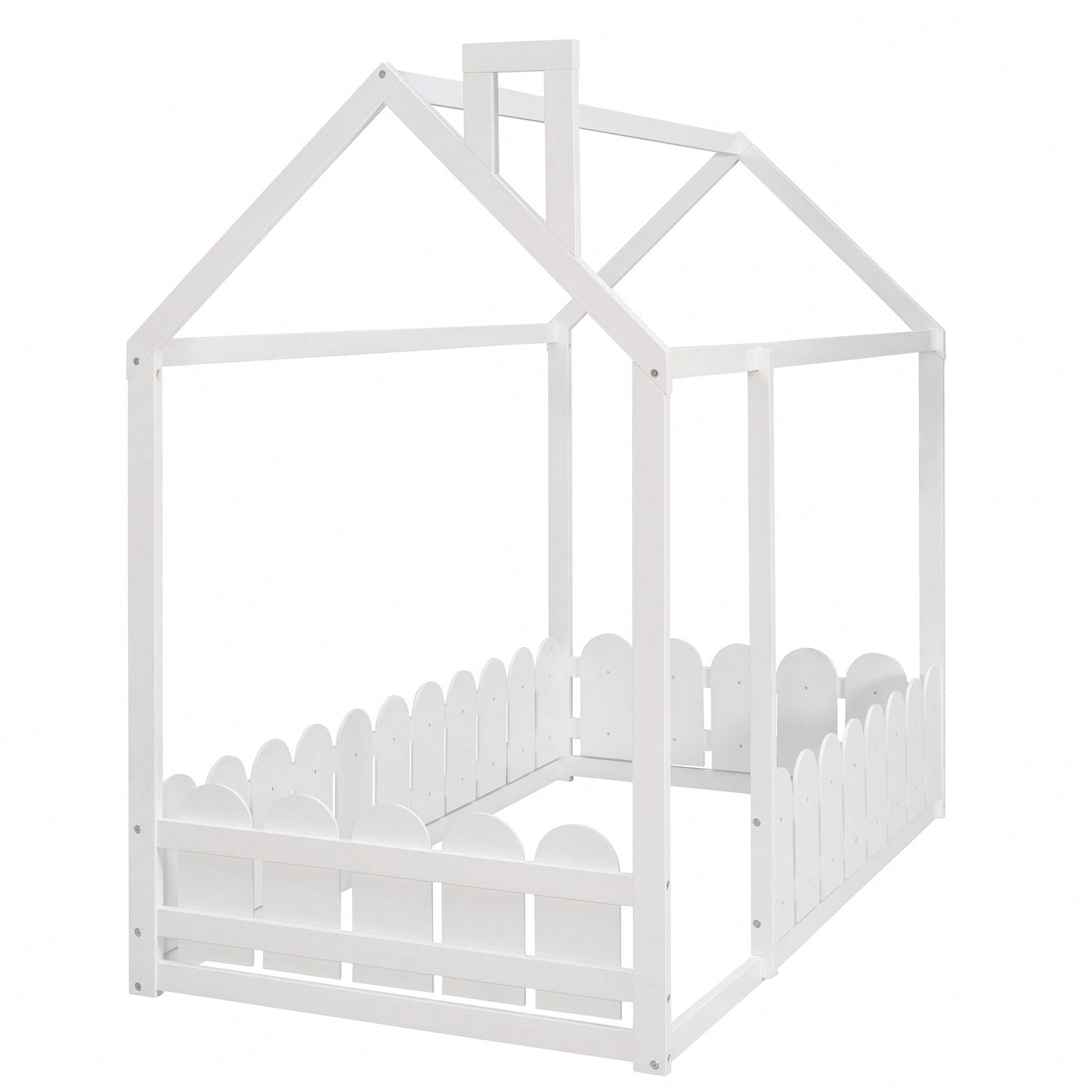 Twin Size Wooden House Bed Frame With Fence For Kids And Teens In Espresso Finish
