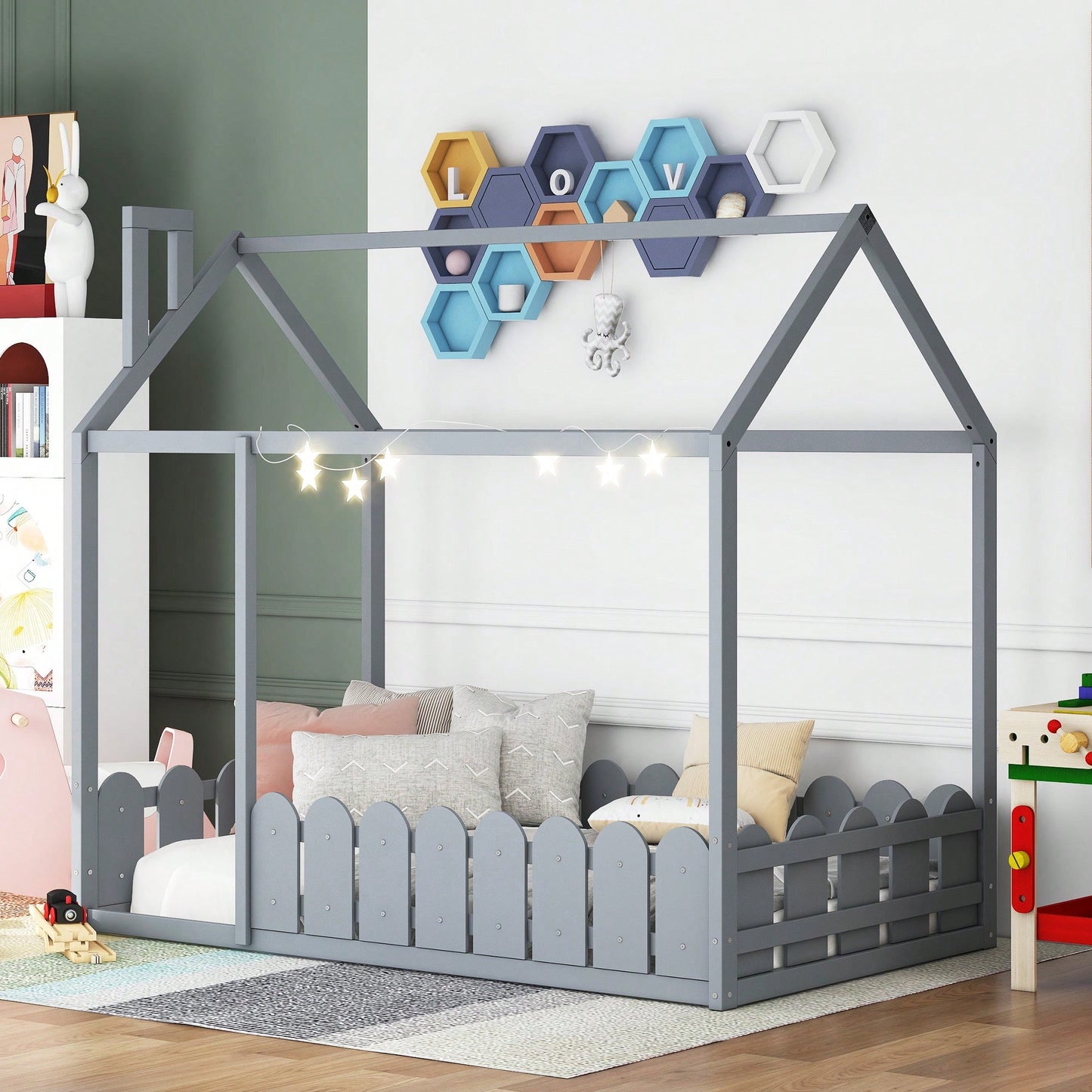 Twin Size Wooden House Bed Frame With Fence For Kids And Teens In Espresso Finish