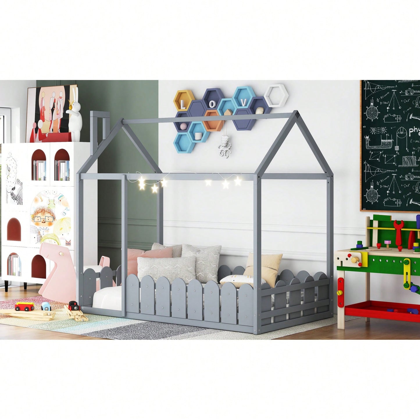 Twin Size Wooden House Bed Frame With Fence For Kids And Teens In Espresso Finish