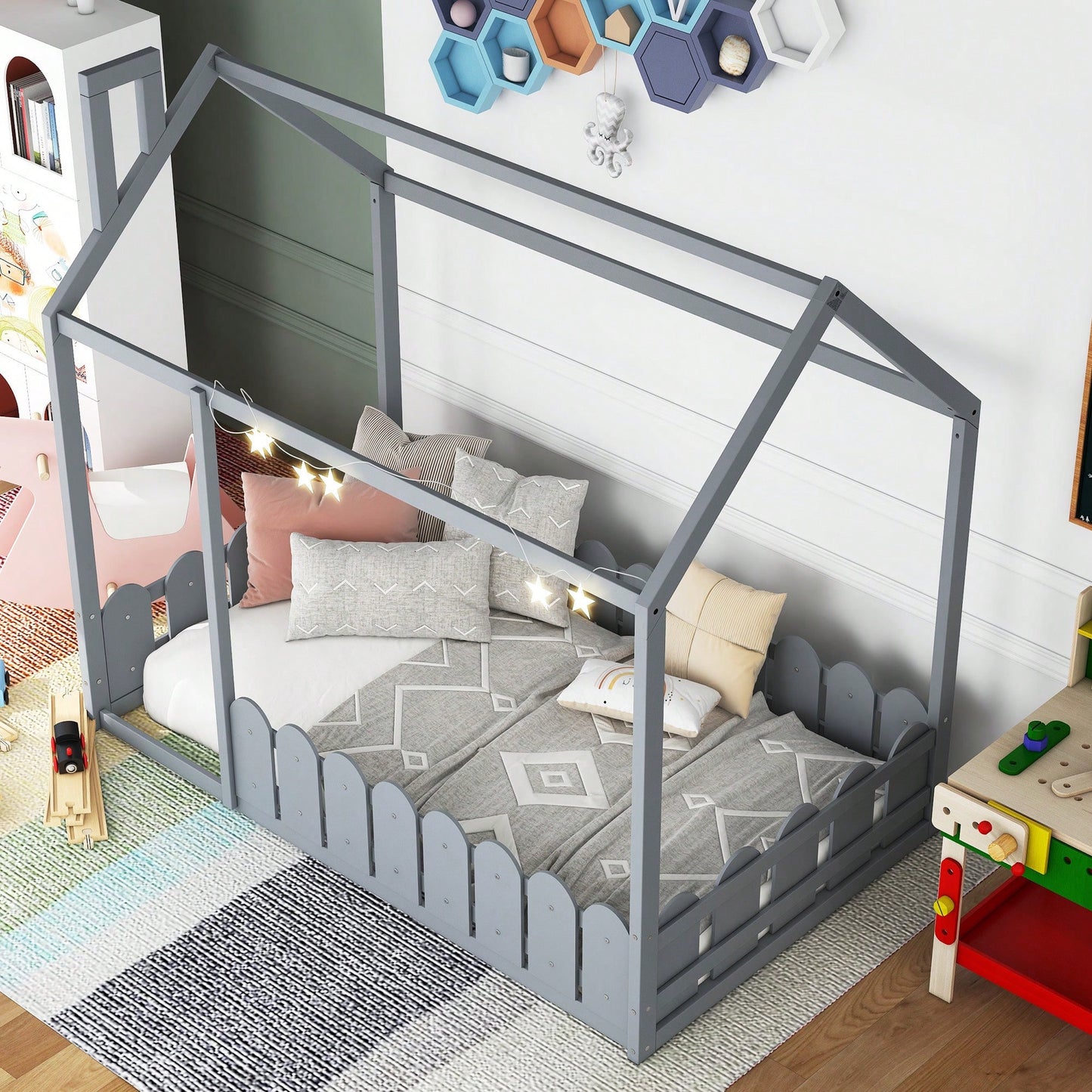 Twin Size Wooden House Bed Frame With Fence For Kids And Teens In Espresso Finish