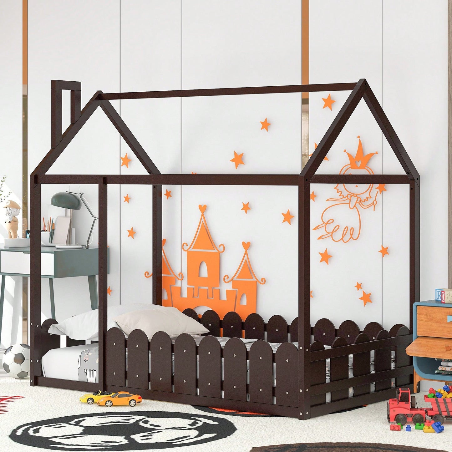 Twin Size Wooden House Bed Frame With Fence For Kids And Teens In Espresso Finish