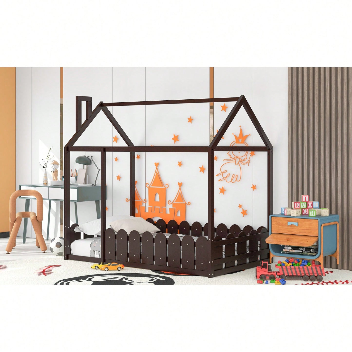 Twin Size Wooden House Bed Frame With Fence For Kids And Teens In Espresso Finish
