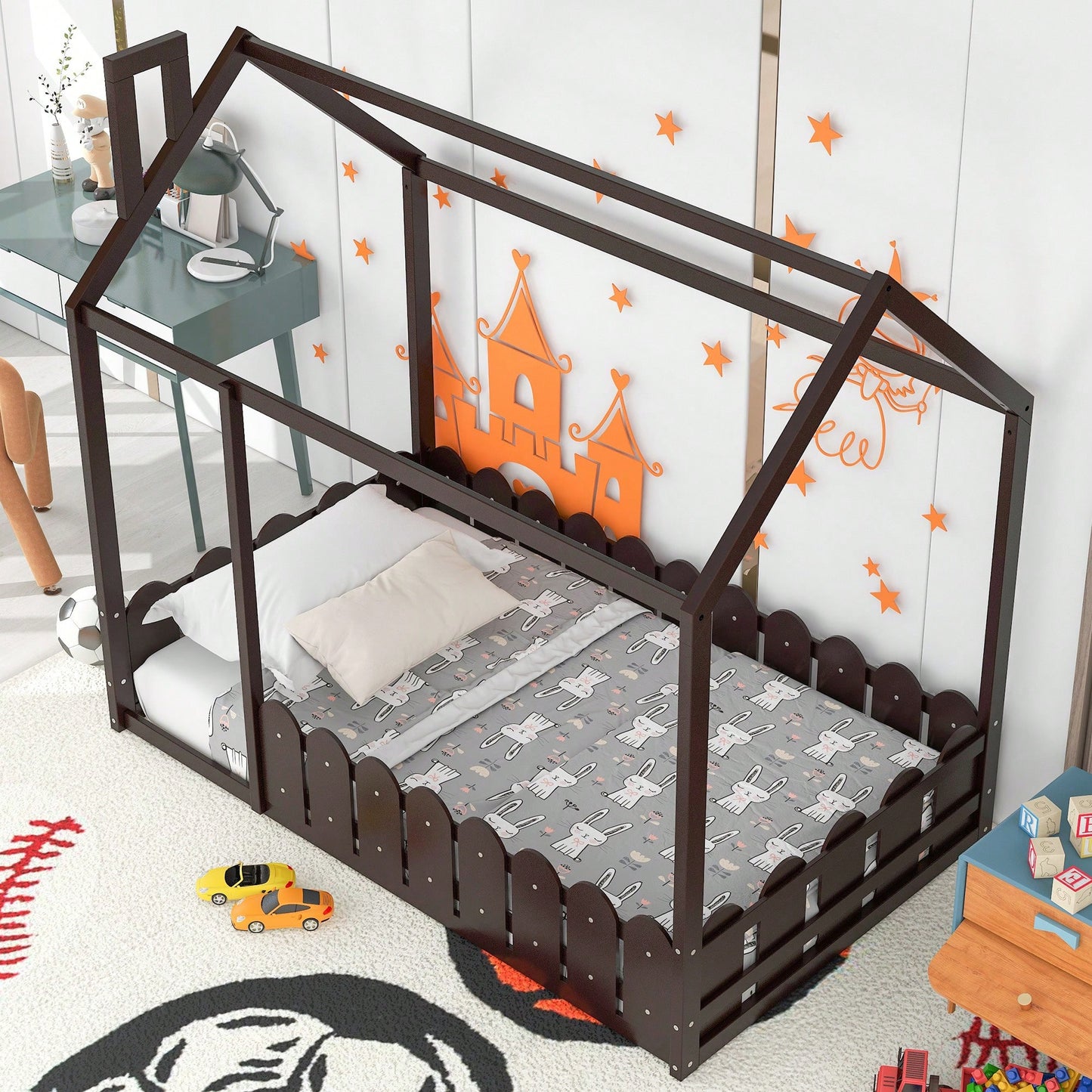 Twin Size Wooden House Bed Frame With Fence For Kids And Teens In Espresso Finish