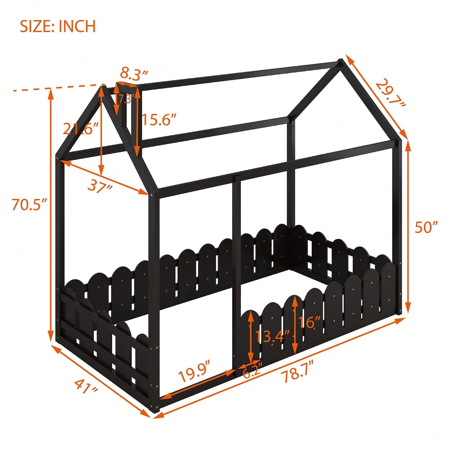 Twin Size Wooden House Bed Frame With Fence For Kids And Teens In Espresso Finish