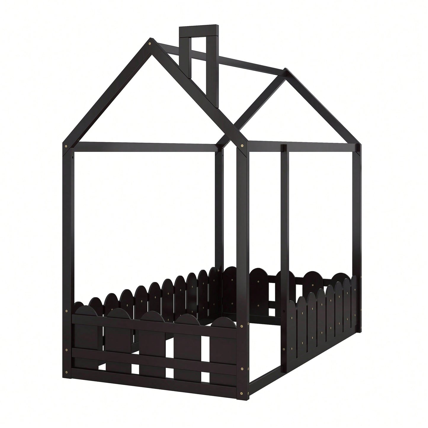 Twin Size Wooden House Bed Frame With Fence For Kids And Teens In Espresso Finish