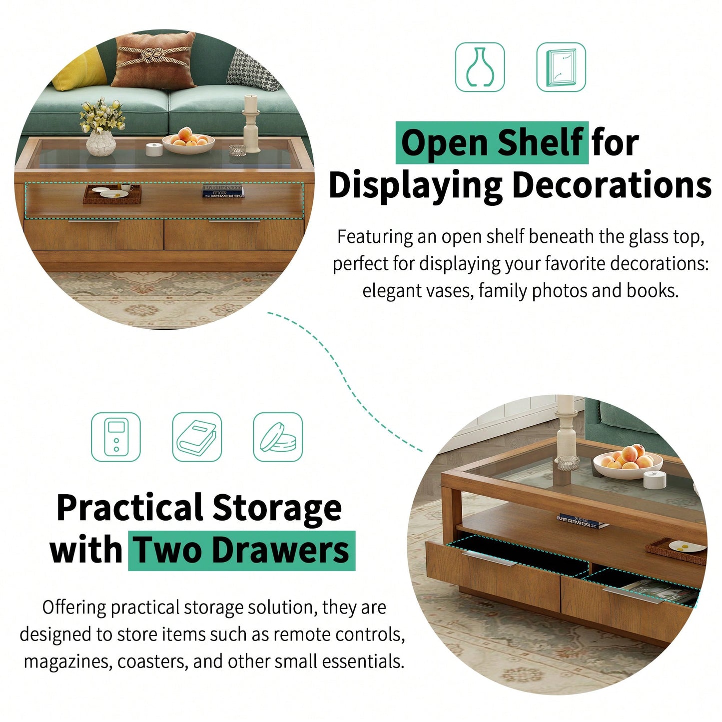 Minimalist Glass Top Coffee Table With 2 Drawers And Open Storage Shelf For Living Room