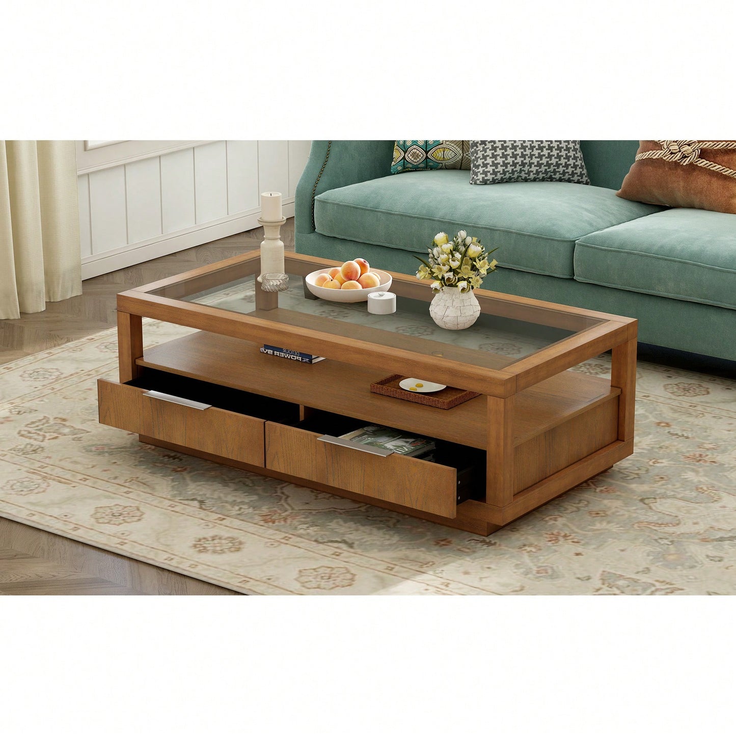 Minimalist Glass Top Coffee Table With 2 Drawers And Open Storage Shelf For Living Room