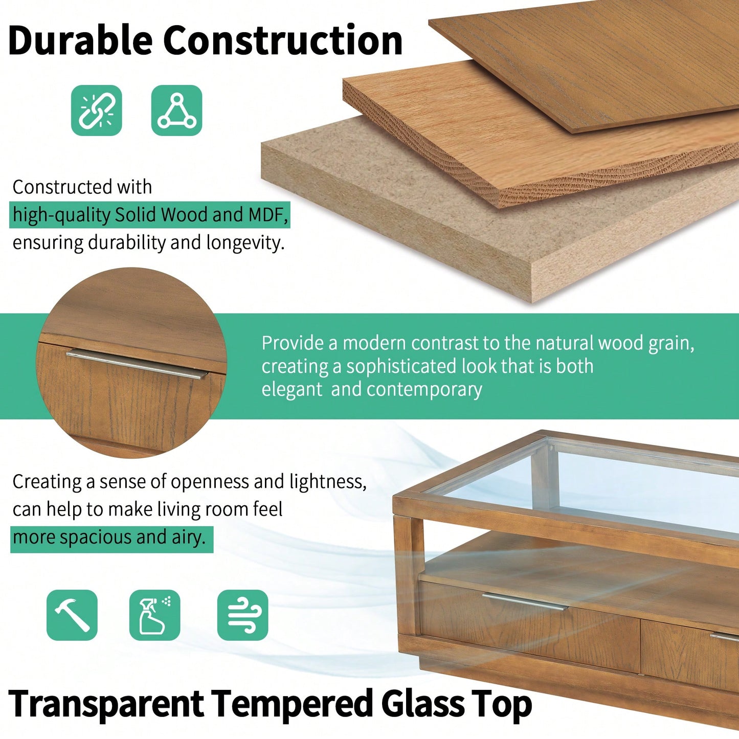 Minimalist Glass Top Coffee Table With 2 Drawers And Open Storage Shelf For Living Room