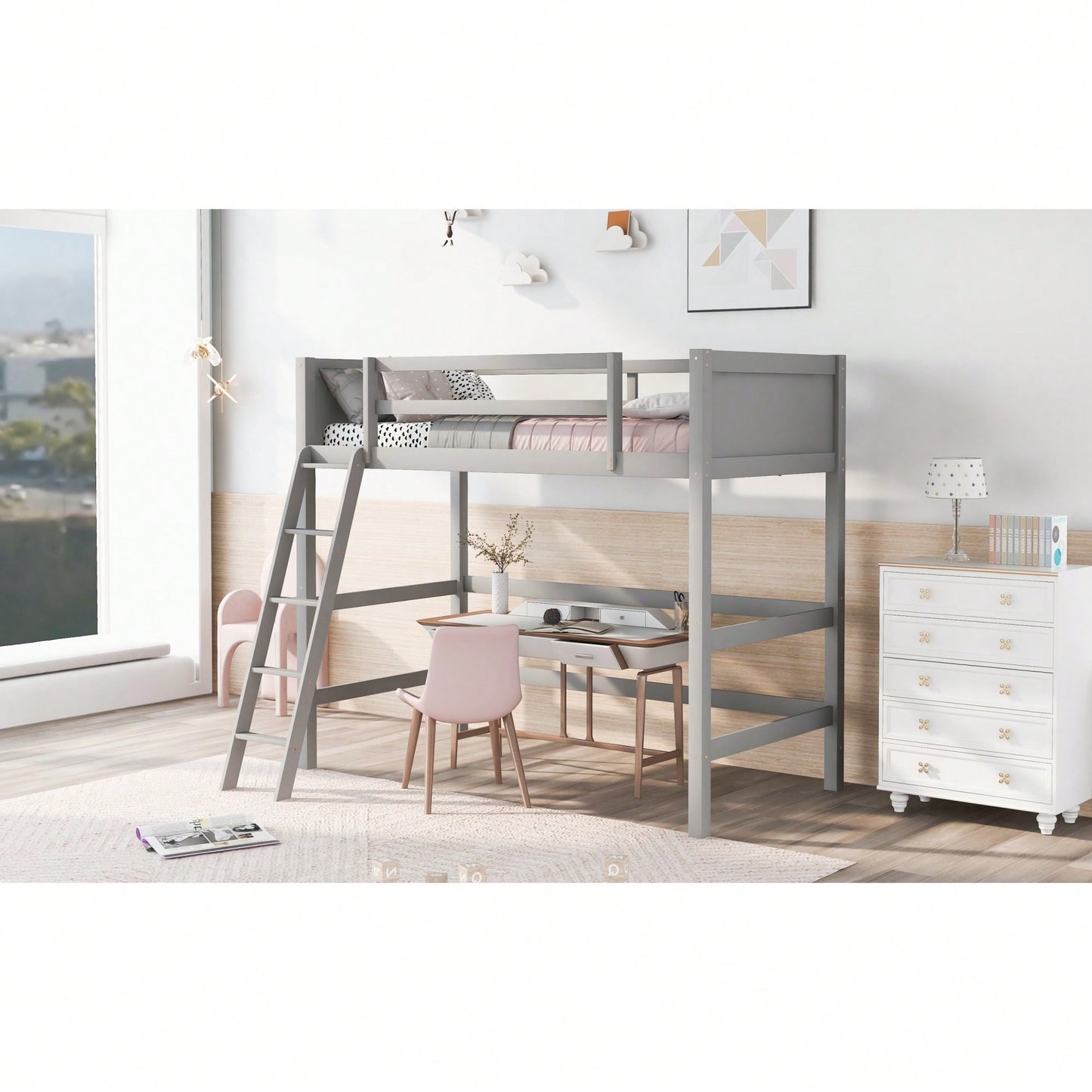 Solid Wood Twin Loft Bed With Ladder For Space Saving And Stylish Bedroom Design Grey