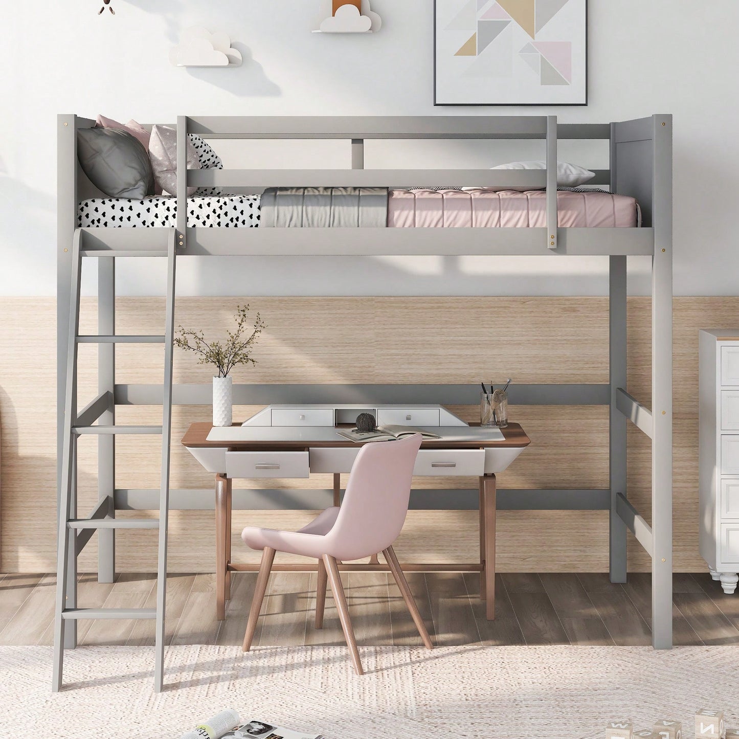 Solid Wood Twin Loft Bed With Ladder For Space Saving And Stylish Bedroom Design Grey