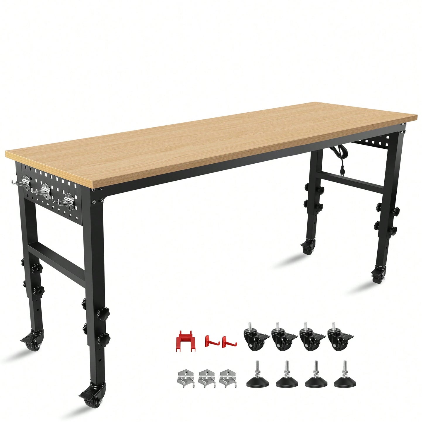 Adjustable 72 Inch Rolling Workbench With Power Outlet Heavy-Duty Rubber Wood Top Ideal For Garage Office Workshop Home Easy Assembly