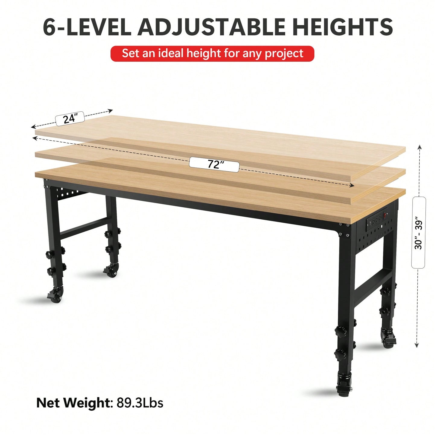 Adjustable 72 Inch Rolling Workbench With Power Outlet Heavy-Duty Rubber Wood Top Ideal For Garage Office Workshop Home Easy Assembly