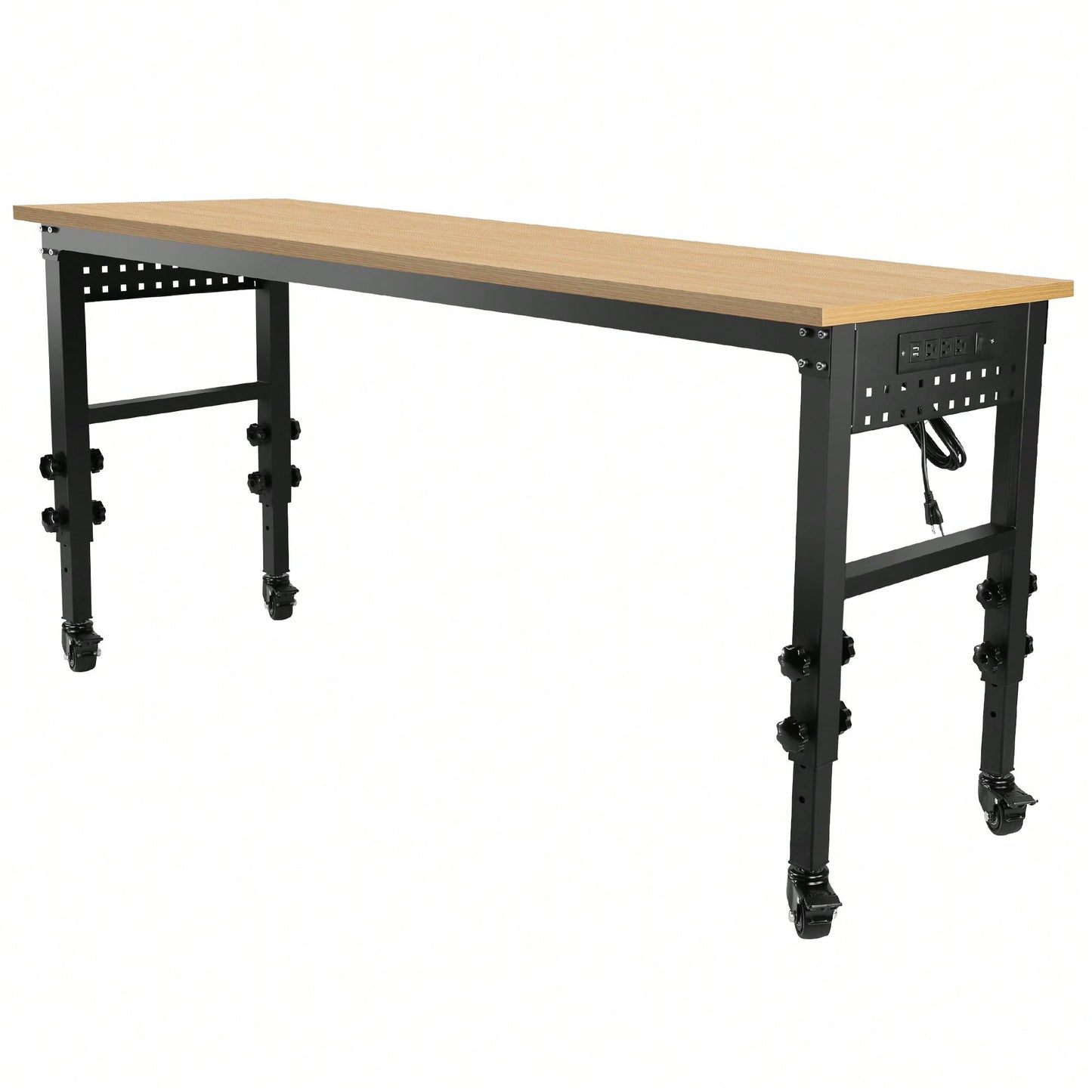 Adjustable 72 Inch Rolling Workbench With Power Outlet Heavy-Duty Rubber Wood Top Ideal For Garage Office Workshop Home Easy Assembly