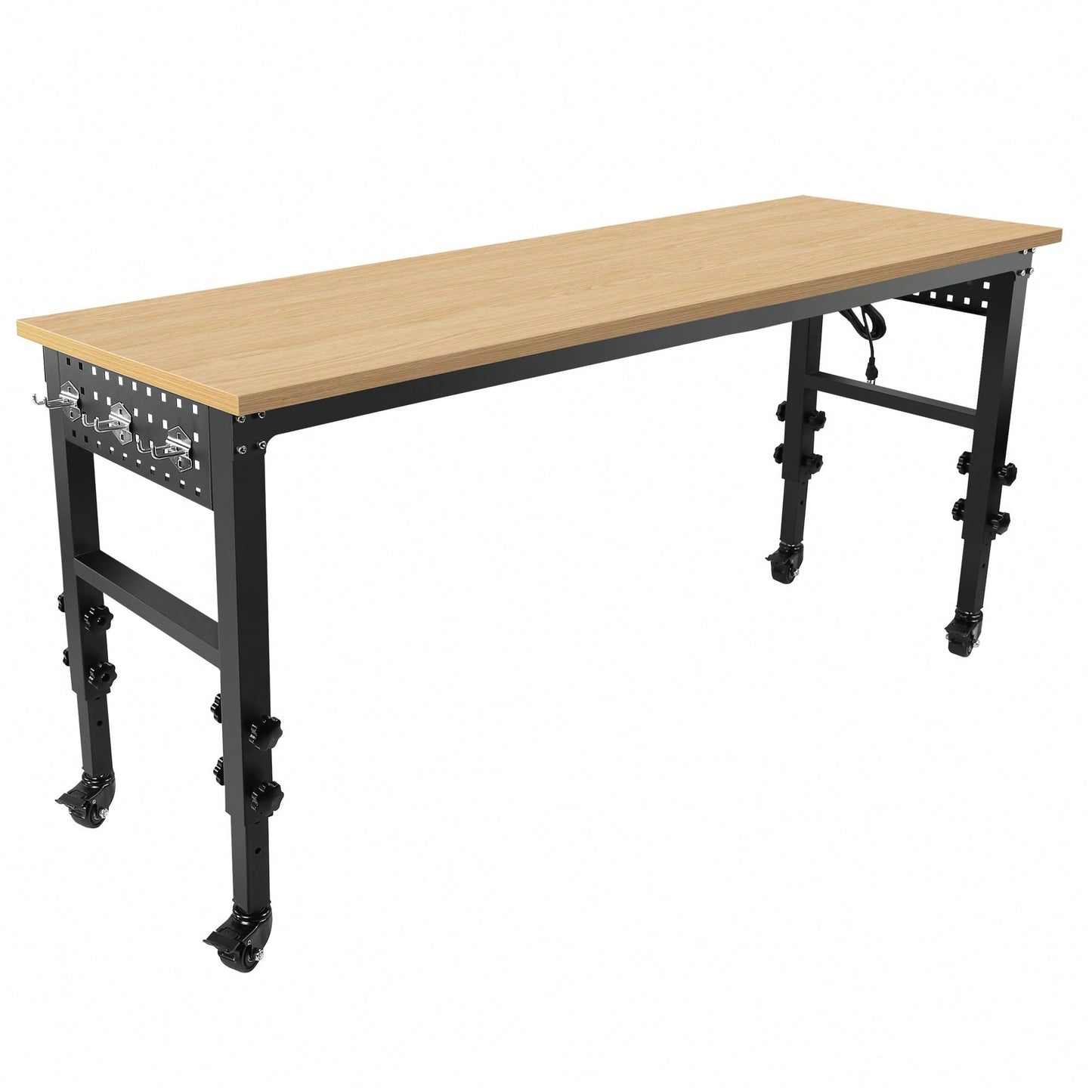 Adjustable 72 Inch Rolling Workbench With Power Outlet Heavy-Duty Rubber Wood Top Ideal For Garage Office Workshop Home Easy Assembly