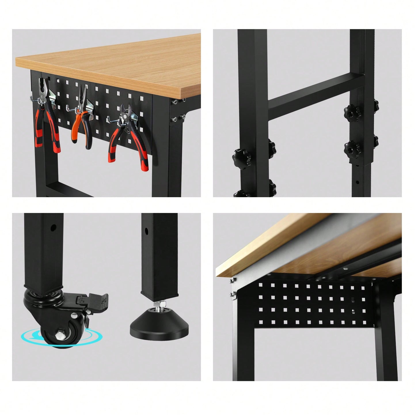 Adjustable 72 Inch Rolling Workbench With Power Outlet Heavy-Duty Rubber Wood Top Ideal For Garage Office Workshop Home Easy Assembly