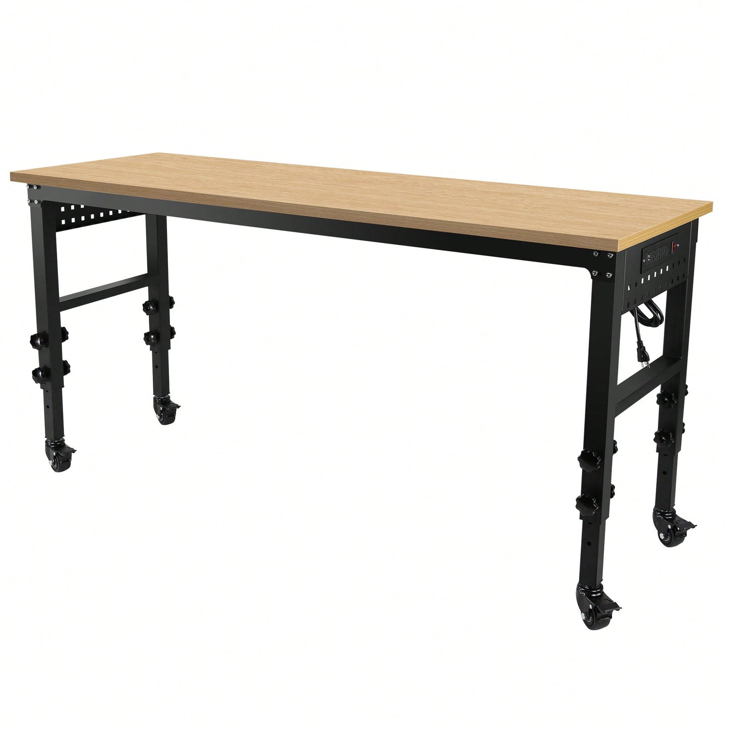Adjustable 72 Inch Rolling Workbench With Power Outlet Heavy-Duty Rubber Wood Top Ideal For Garage Office Workshop Home Easy Assembly